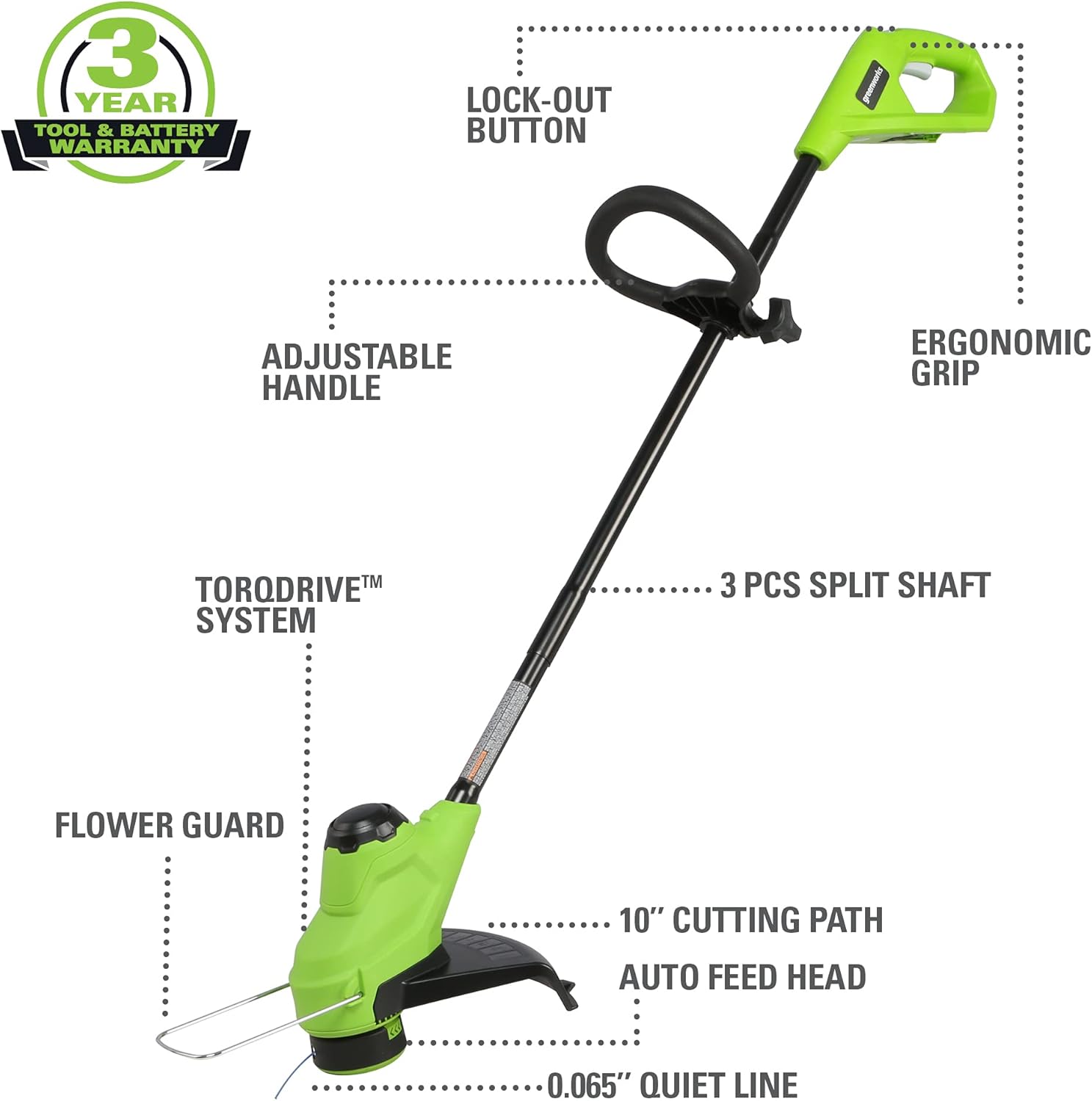 3 YEAR TOOL & BATTERY WARRANTY  
LOCK-OUT BUTTON  
ADJUSTABLE HANDLE  
ERGONOMIC GRIP  
TORODRIVE™ SYSTEM  
3 PCS SPLIT SHAFT  
FLOWER GUARD  
10" CUTTING PATH  
AUTO FEED HEAD  
0.065" QUIET LINE