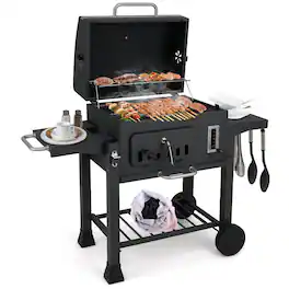 Costway - Barrel Charcoal Grill with 2 Folding Side Tables 24-Inch Outdoor Barbecue Grill - Black