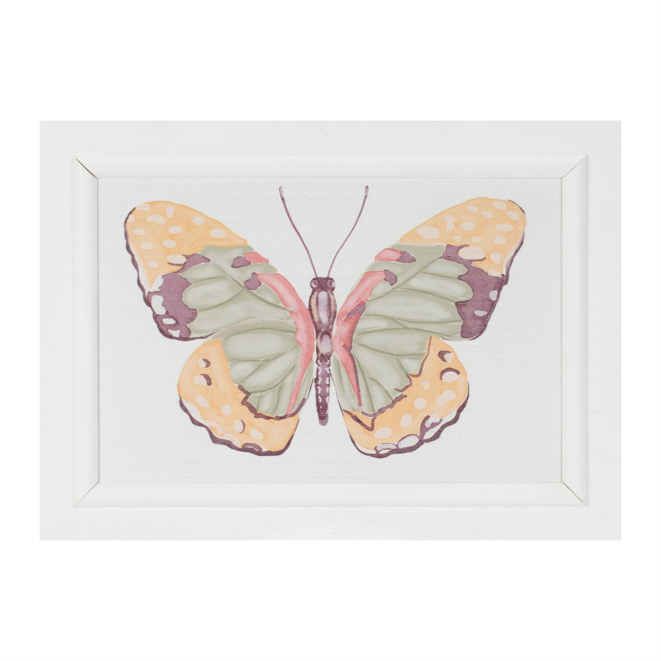 Left. BreeBe - Framed Bird and Butterfly Wall Plaque (Set of 2) - White, Yellow, Pink.