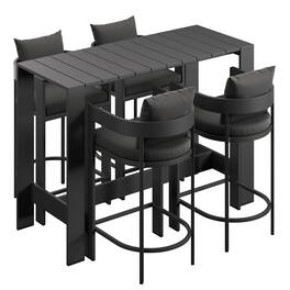 Modway - Tahoe 5-Piece Outdoor Patio Bar Set - Aluminum Frame, Slatted Tabletop, Cushioned Bar Chairs - Charcoal