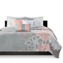 Gracie Mills - Glenda 6-Piece Reversible Cotton Printed Quilt Set with Throw Pillows - Grey/Peach