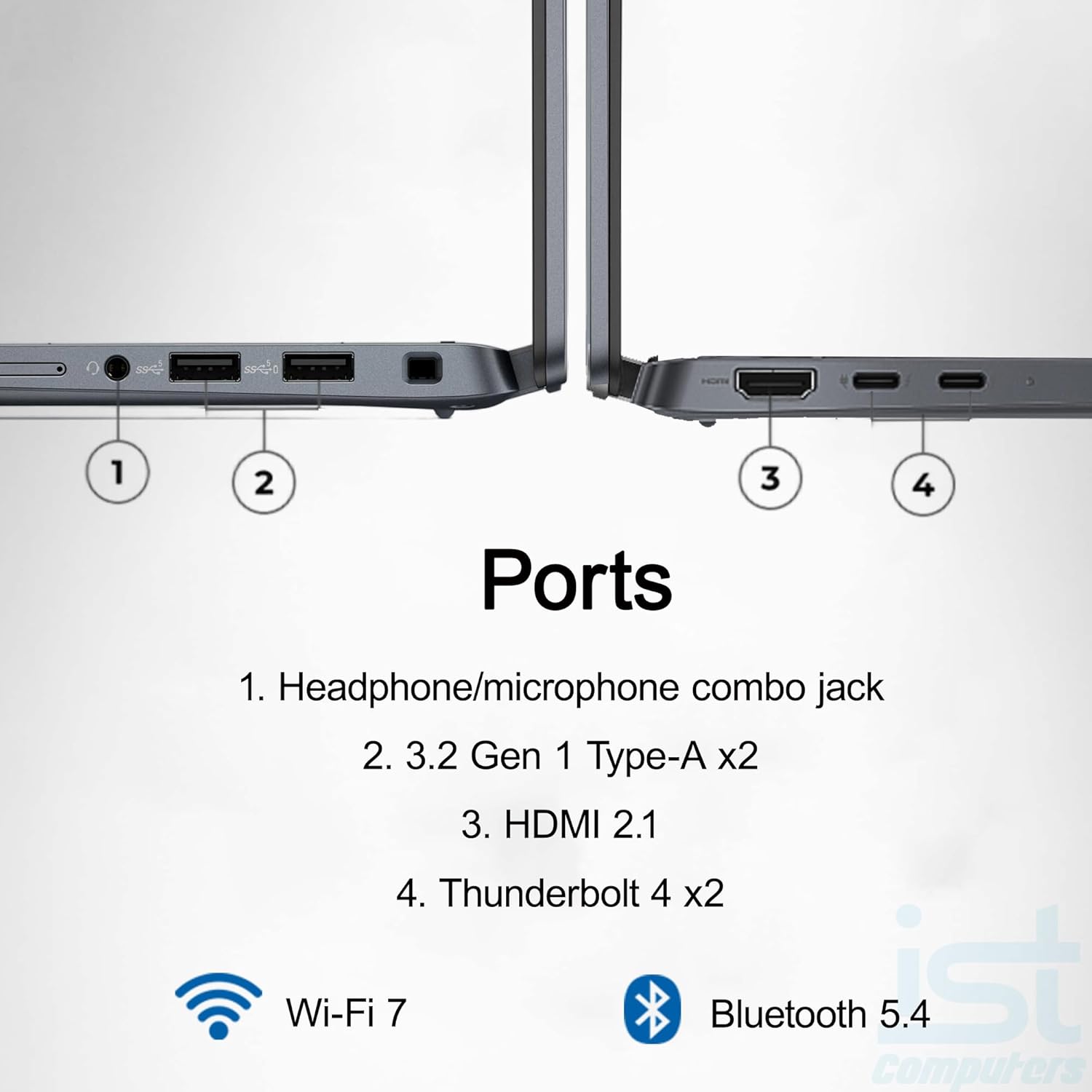 Ports

1. Headphone/microphone combo jack
2. 3.2 Gen 1 Type-A x2
3. HDMI 2.1
4. Thunderbolt 4 x2

Wi-Fi 7
Bluetooth 5.4