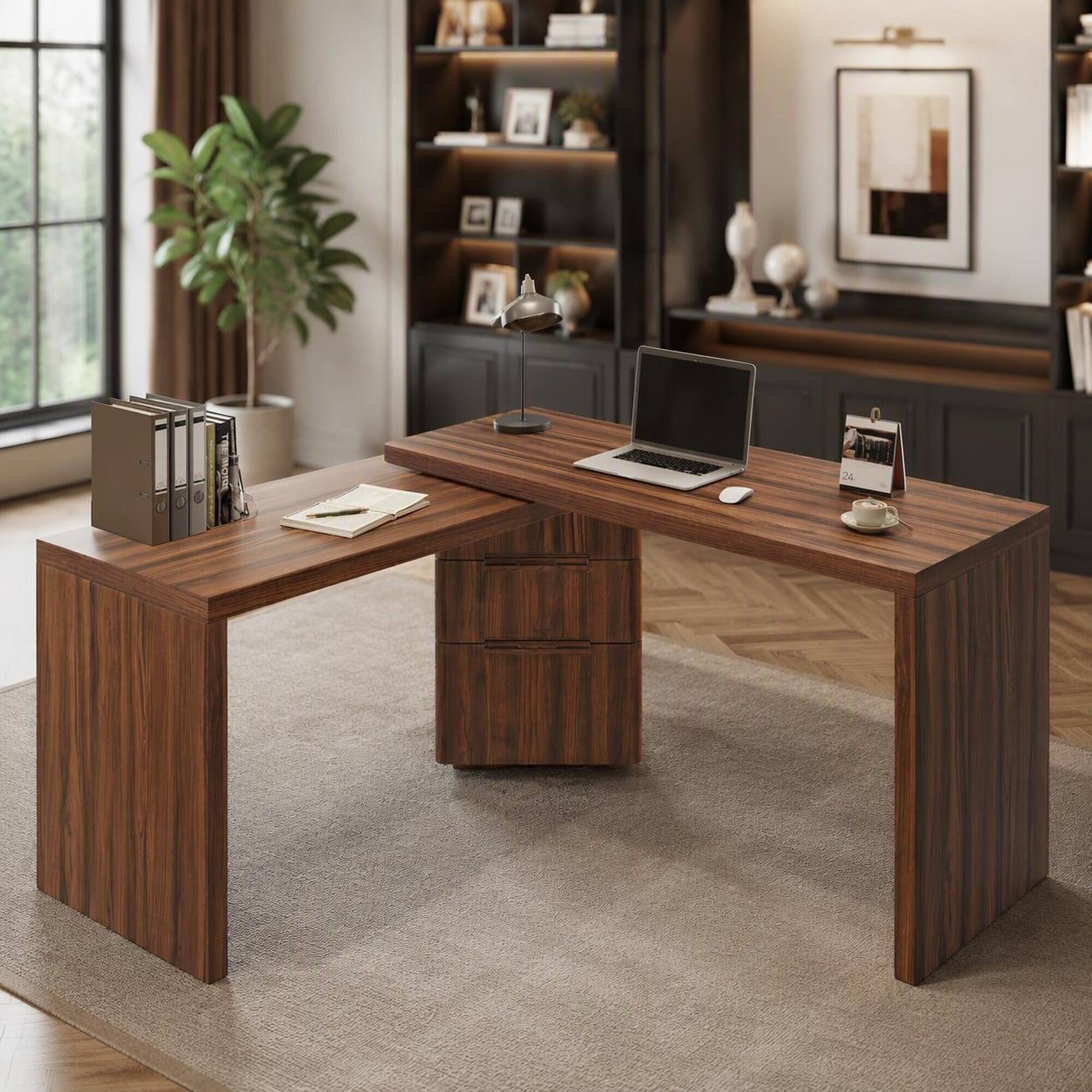 Front. RYHNUYNE - Walnut L-Shaped Executive Desk, 90.3 in Rotating Corner Workstation, 3 Drawers, MDF and Melamine, for Home Office - Walnut.