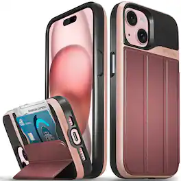 Vena - vCommute Wallet Case for Apple iPhone 15 - Flip Leather Cover Card Slot Holder with Kickstand - Rose Gold - Pink