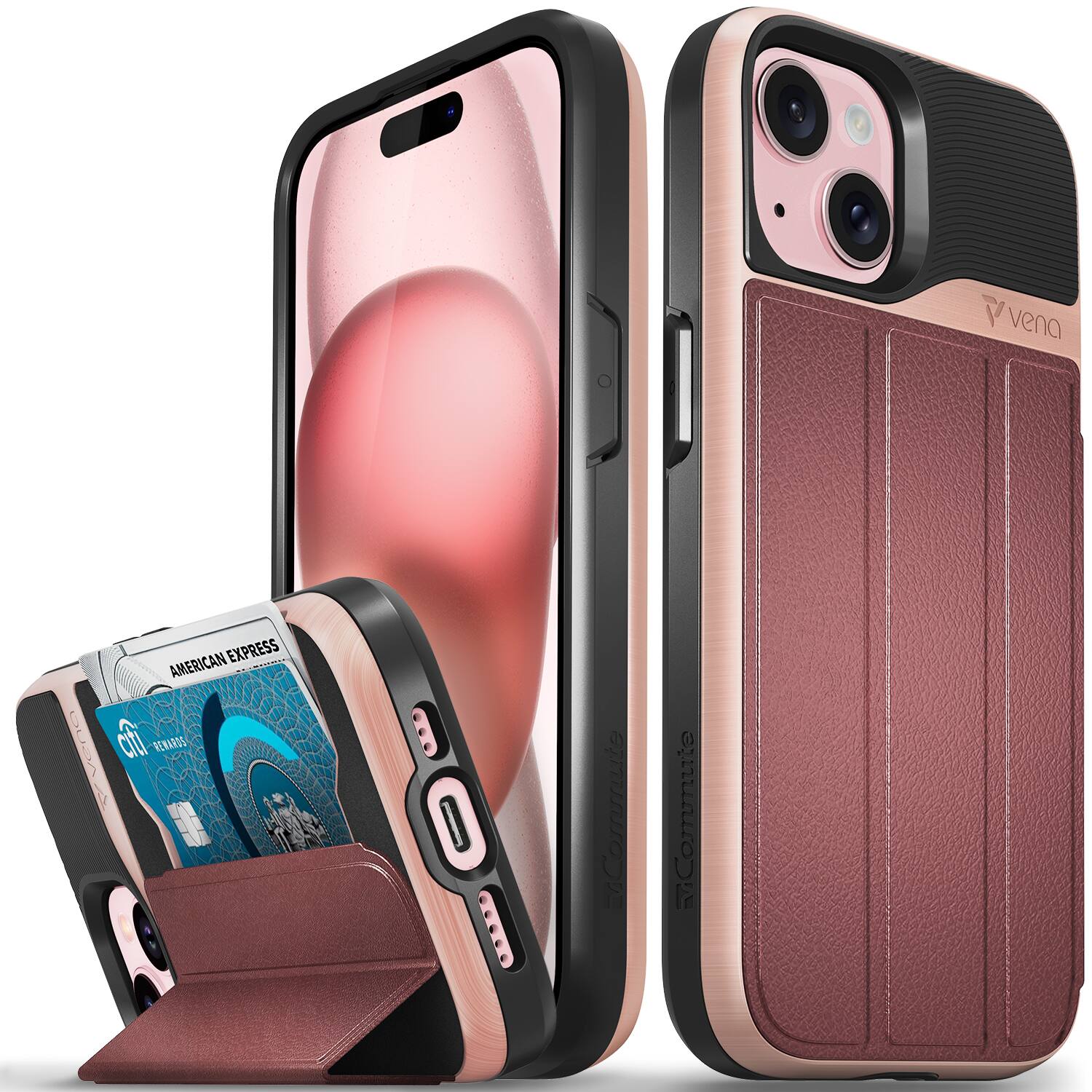 Vena - vCommute Wallet Case for Apple iPhone 15 - Flip Leather Cover Card Slot Holder with Kickstand - Rose Gold - Pink