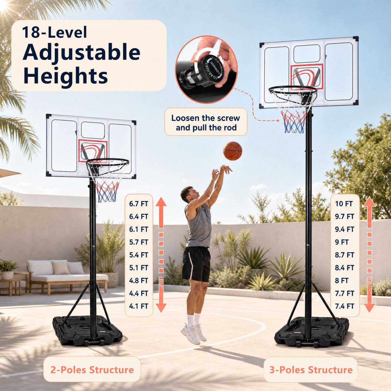 18-Level Adjustable Heights

Loosen the screw and pull the rod

6.7 FT
6.4 FT
6.1 FT
5.7 FT
5.4 FT
5.1 FT
4.8 FT
4.4 FT
4.1 FT

10 FT
9.7 FT
9.4 FT
9 FT
8.7 FT
8.4 FT
8 FT
7.7 FT
7.4 FT

2-Poles Structure
3-Poles Structure