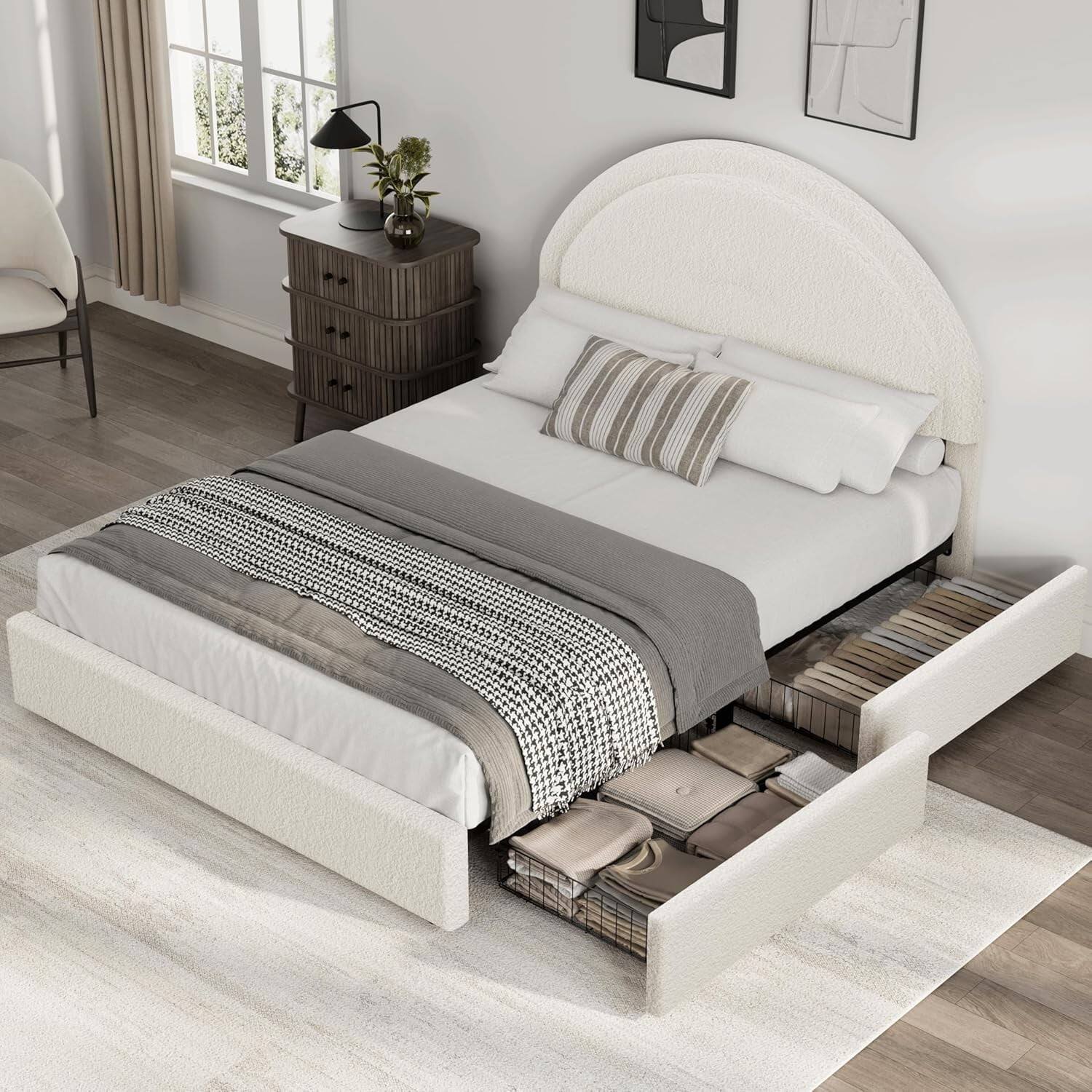 Alt View 1. GARVEE - Queen Bed Frame with 4 Storage Drawers, Upholstered Boucle, Beige – Perfect for Bedroom Organization - Beige.