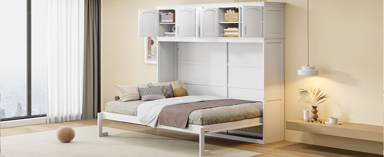 Alt View 2. Tiramisubest - Full Size White Murphy Wall Bed with Cabinets, Plywood, Space-Saving & Comfortable - White.
