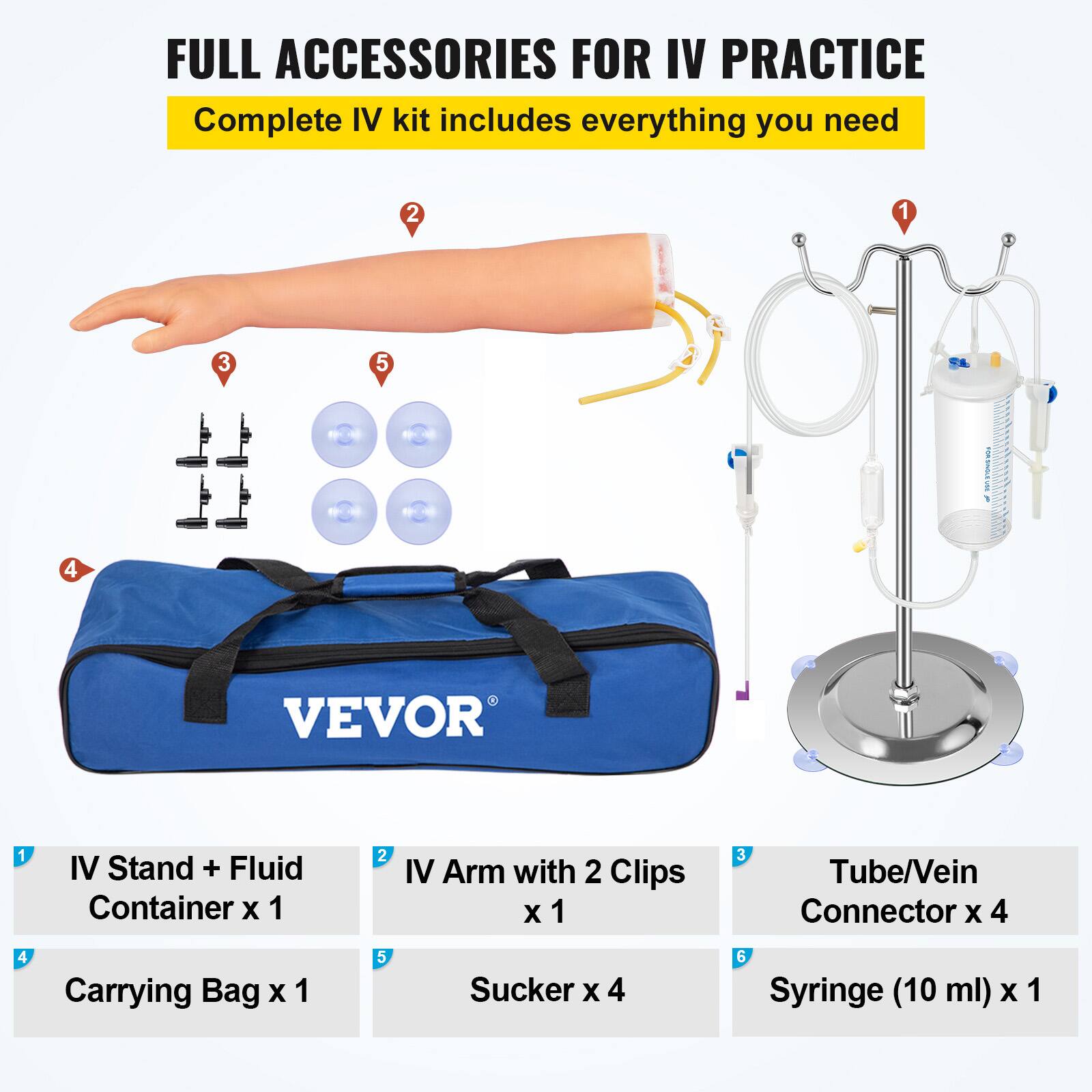 FULL ACCESSORIES FOR IV PRACTICE  
Complete IV kit includes everything you need

1. IV Stand + Fluid Container x 1  
2. IV Arm with 2 Clips x 1  
3. Tube/Vein Connector x 4  
4. Carrying Bag x 1  
5. Sucker x 4  
6. Syringe (10 ml) x 1