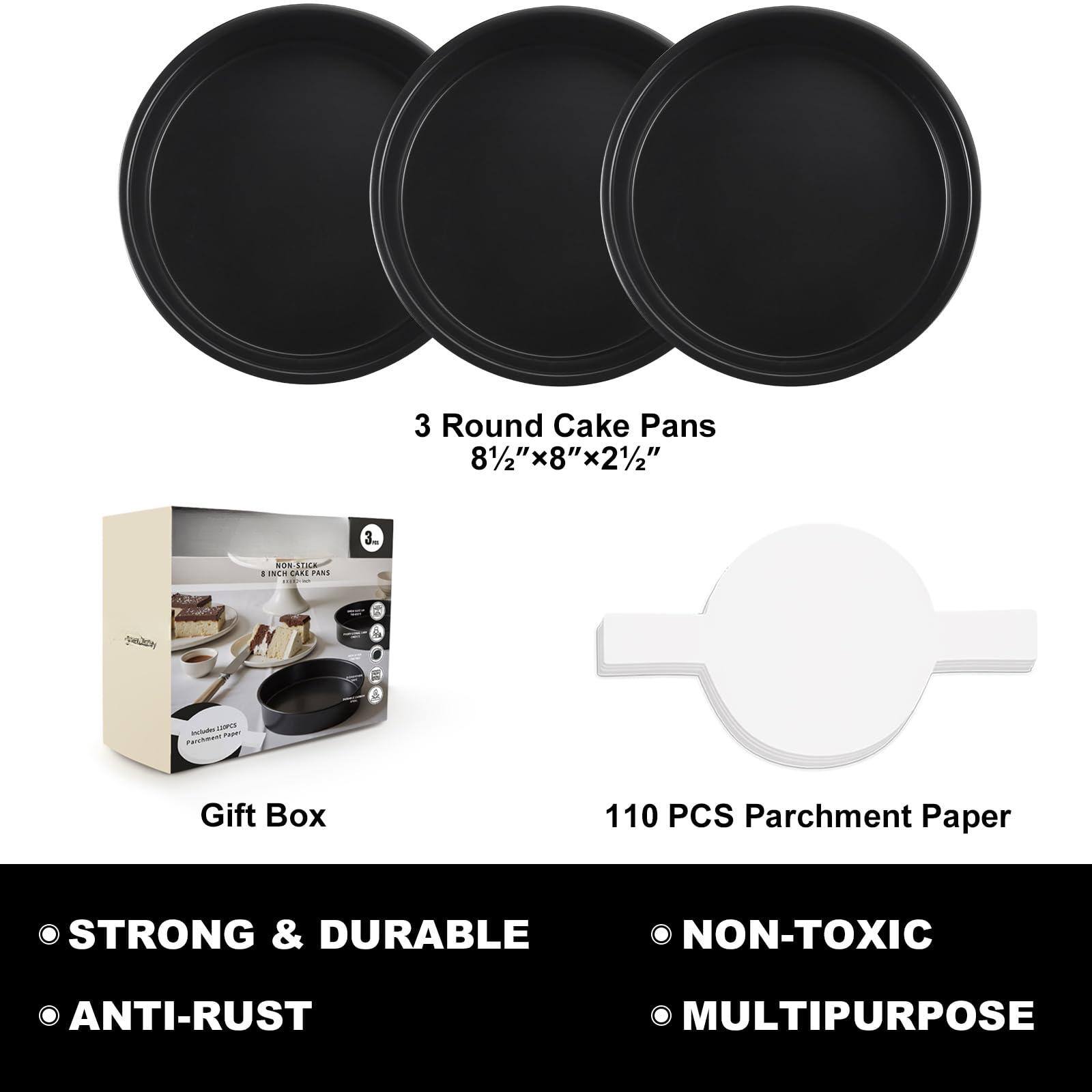 3 Round Cake Pans  
8½"x8"x2½"

Gift Box

110 PCS Parchment Paper

STRONG & DURABLE  
ANTI-RUST

NON-TOXIC  
MULTIPURPOSE