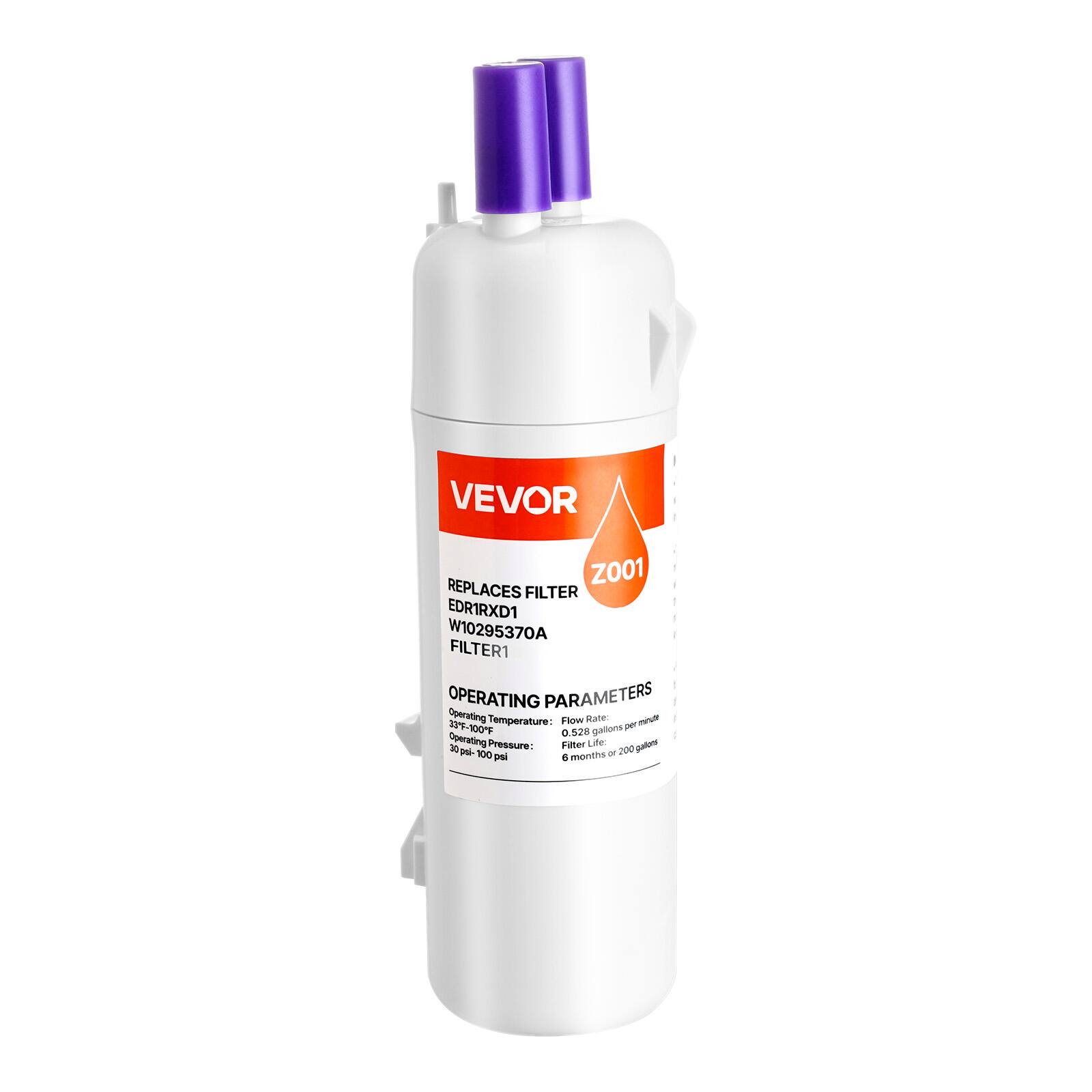 VEVOR  
Z001 FILTER  

REPLACES FILTER  
EDTRXD1  
W10295370A  
FILTER1  

OPERATING PARAMETERS  
Operating Temperature: 33-100°F  
Flow: 28 gallons per minute  
Operating Pressure: 20 psi - 100 psi  
Filter Life: 6 months or 200 gallons  

Operating Temperature: 33-100°F  
Flow: 28 gallons per minute  
Operating Pressure: 20 psi - 100 psi  
Filter Life: 6 months or 200 gallons