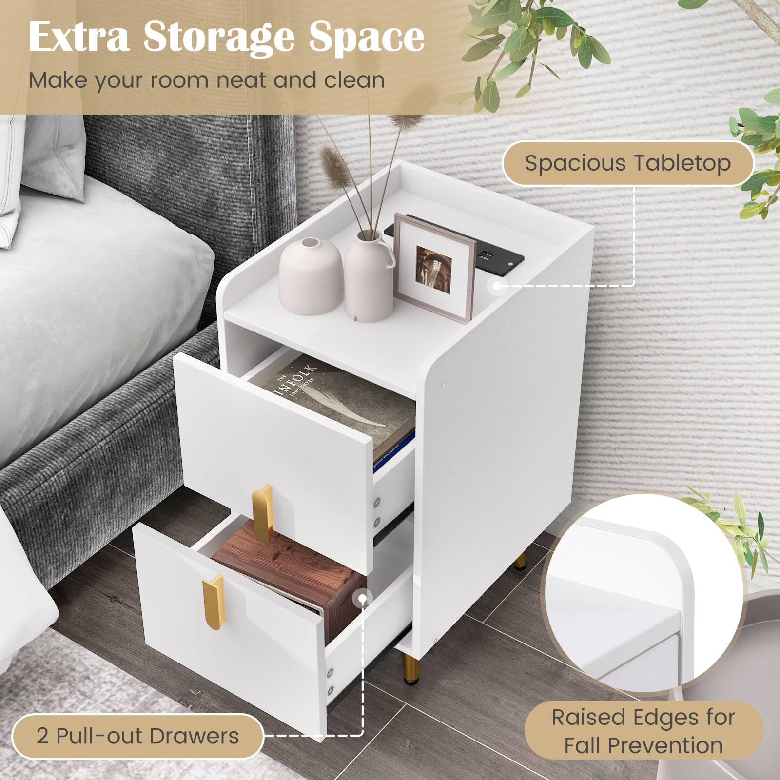 Extra Storage Space: Make your room neat and clean. Spacious Tabletop. 2 Pull-out Drawers. Raised Edges for Fall Prevention.