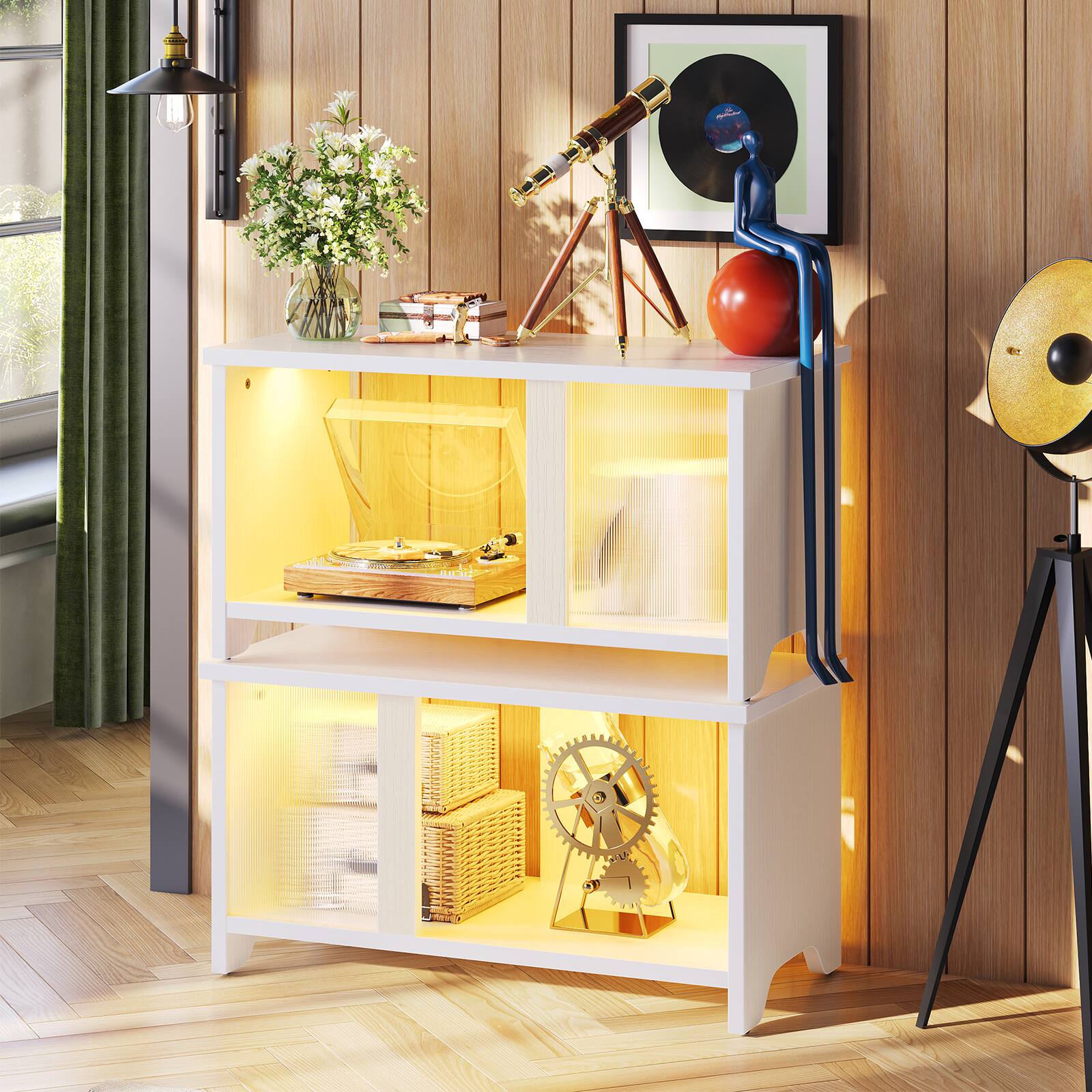 Left. Pinmoco - Pinmoco - 55" 3-in-1 LED TV Stand with Translucent Fluted Doors - Walnut - Walnut.