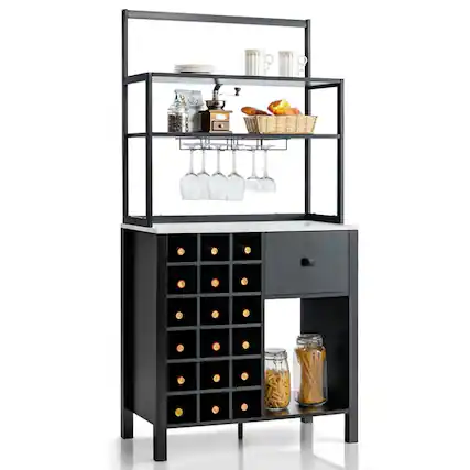 Front. Kadyn - Kitchen Bakers Rack Freestanding Wine Rack Table with Glass Holder and Drawer-Black, Storage Rack Microwave Oven Stand - Black.