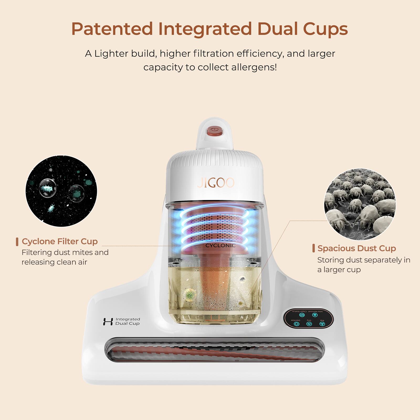 Patented Integrated Dual Cups: A lighter build, higher filtration efficiency, and larger capacity to collect allergens! JIGOO I Cyclone Filter Cup: Filtering dust mites and releasing clean air. CYCLONIC Spacious Dust Cup: Storing dust separately in a larger cup integrated H Dual Cup.