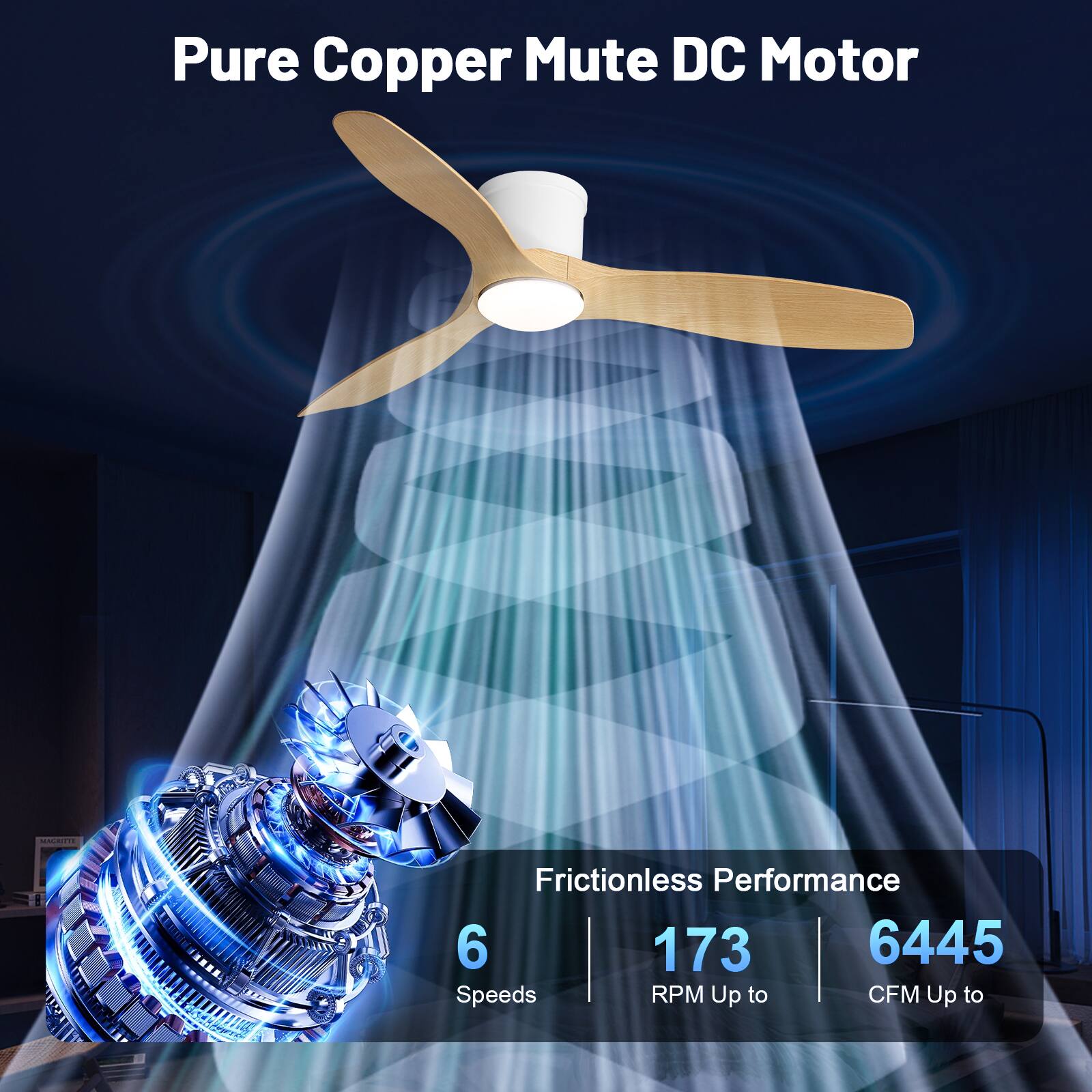 Pure Copper Mute DC Motor

Frictionless Performance

6 Speeds

173 RPM Up to

6445 CFM Up to
