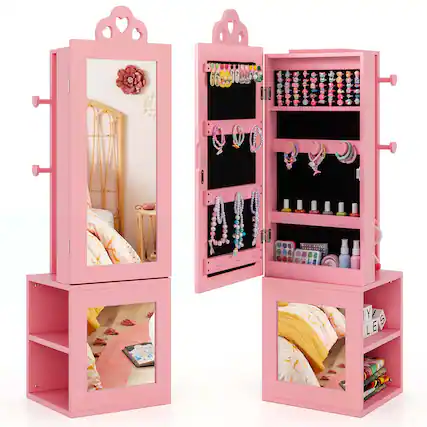 Front. Costway - Costway Kids Jewelry Cabinet Standing Children Jewelry Organizer with Full-Length Mirror - Pink.