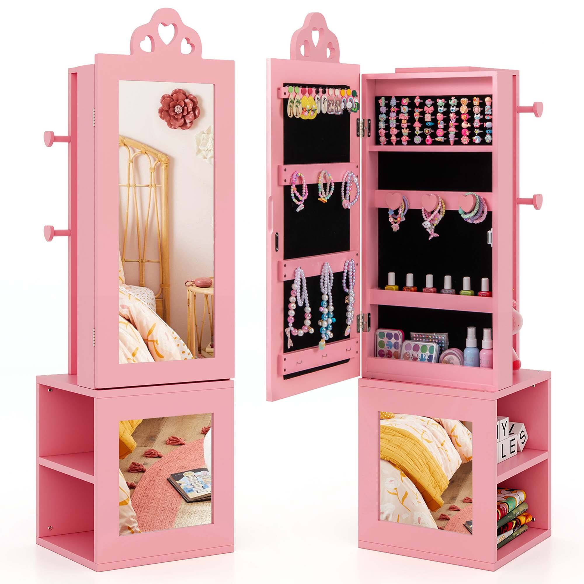 Costway - Kids Jewelry Cabinet Standing Children Jewelry Organizer with Full-Length Mirror - Pink