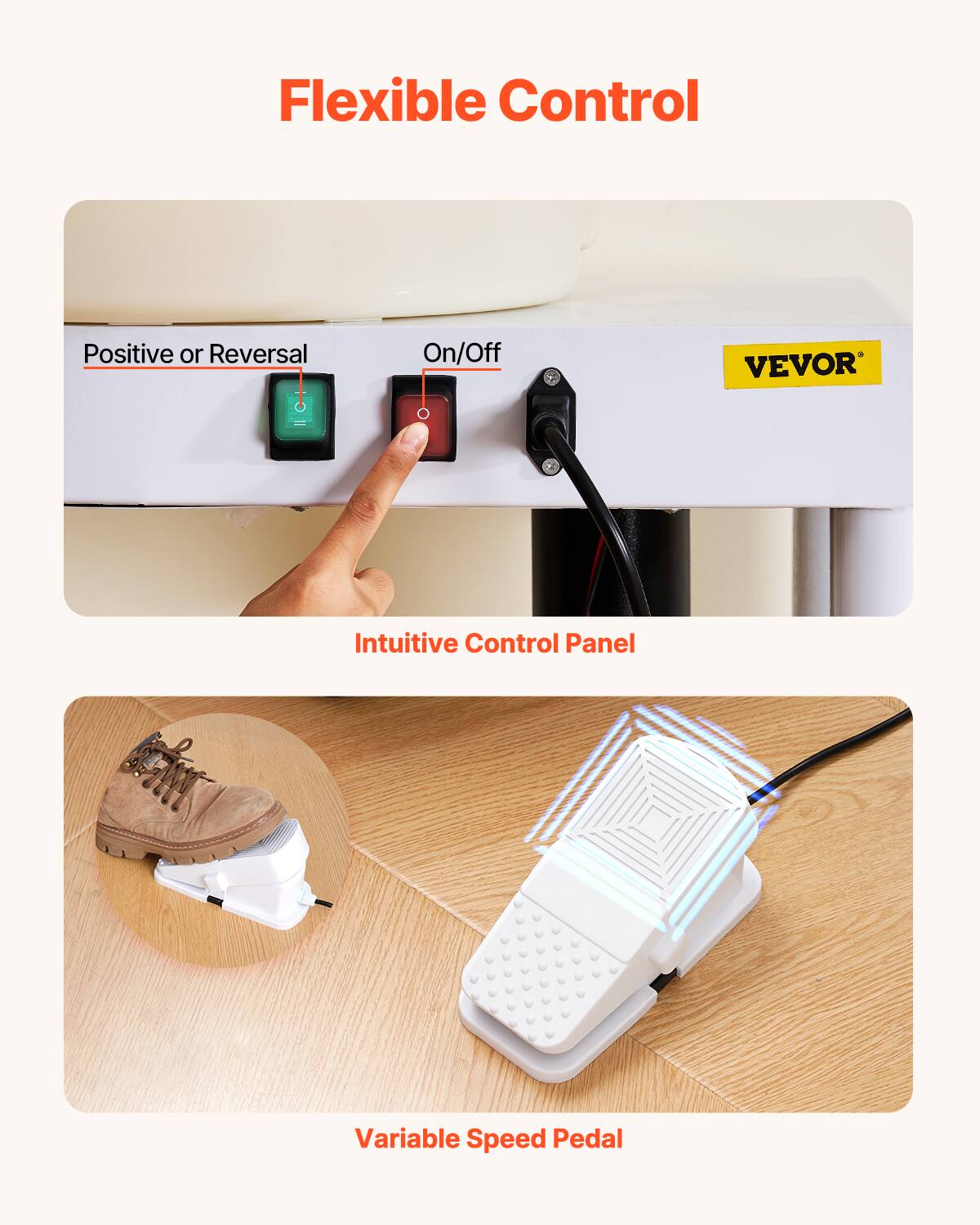 Flexible Control
Positive or Reversal
On/Off
VEVOR
Intuitive Control Panel
Variable Speed Pedal