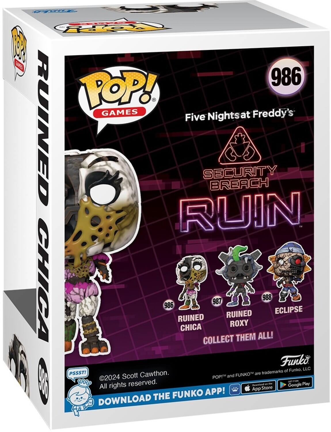 POP! GAMES, Five Nights at Freddy's, RUINED CHICA, 986, RUINED ROXY, 987, ECLIPSE, COLLECT THEM ALL!, Funko, LLC, PSSST!, Scott Cawthon, 2024, FUNKO, trademarks, All rights reserved., GET IT ON THE App Store, DOWNLOAD THE FUNKO APP!