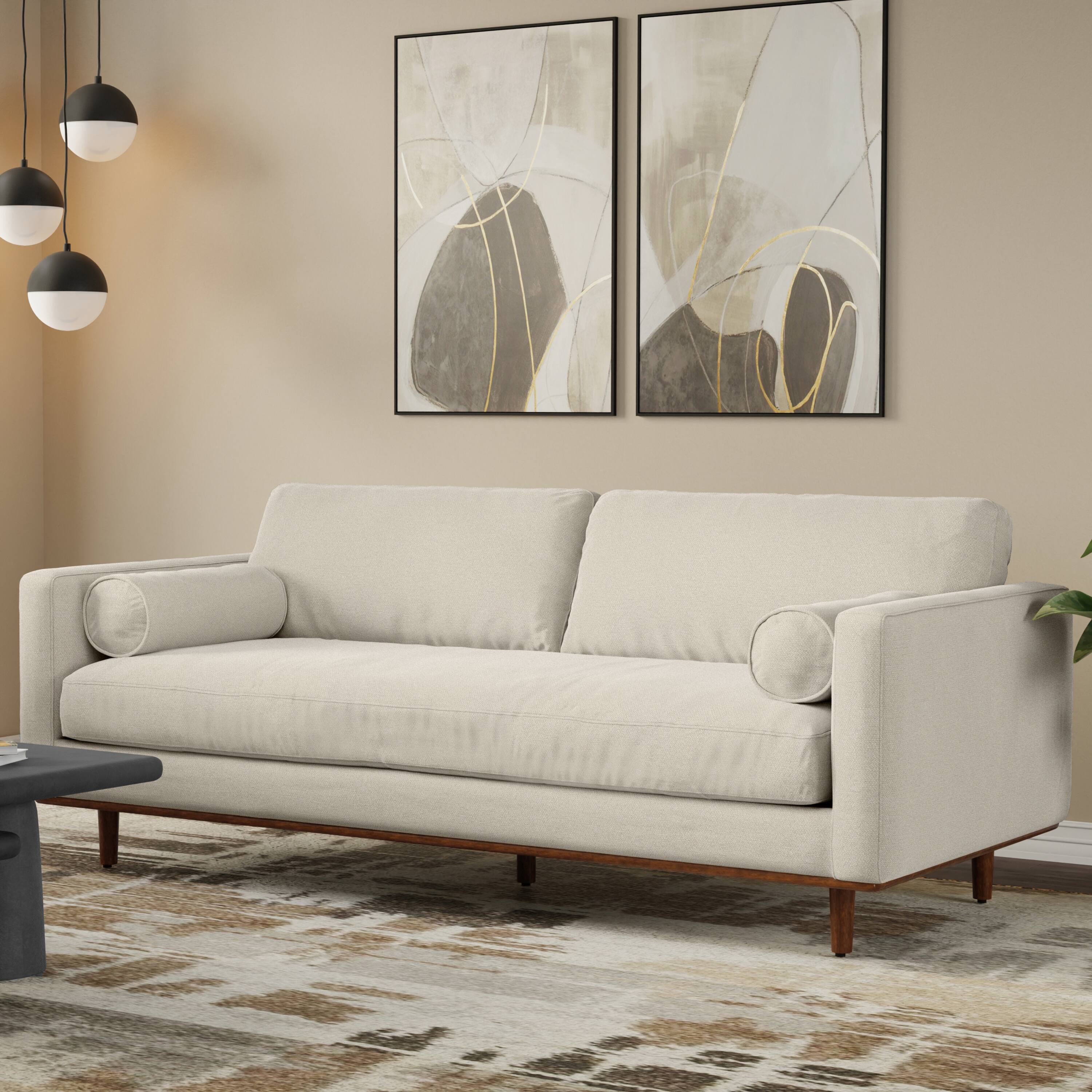Angle. Simpli Home - Morrison 89 inch Wide Mid-Century Modern Sofa in Cream White Woven-Blend Fabric - Cream White.