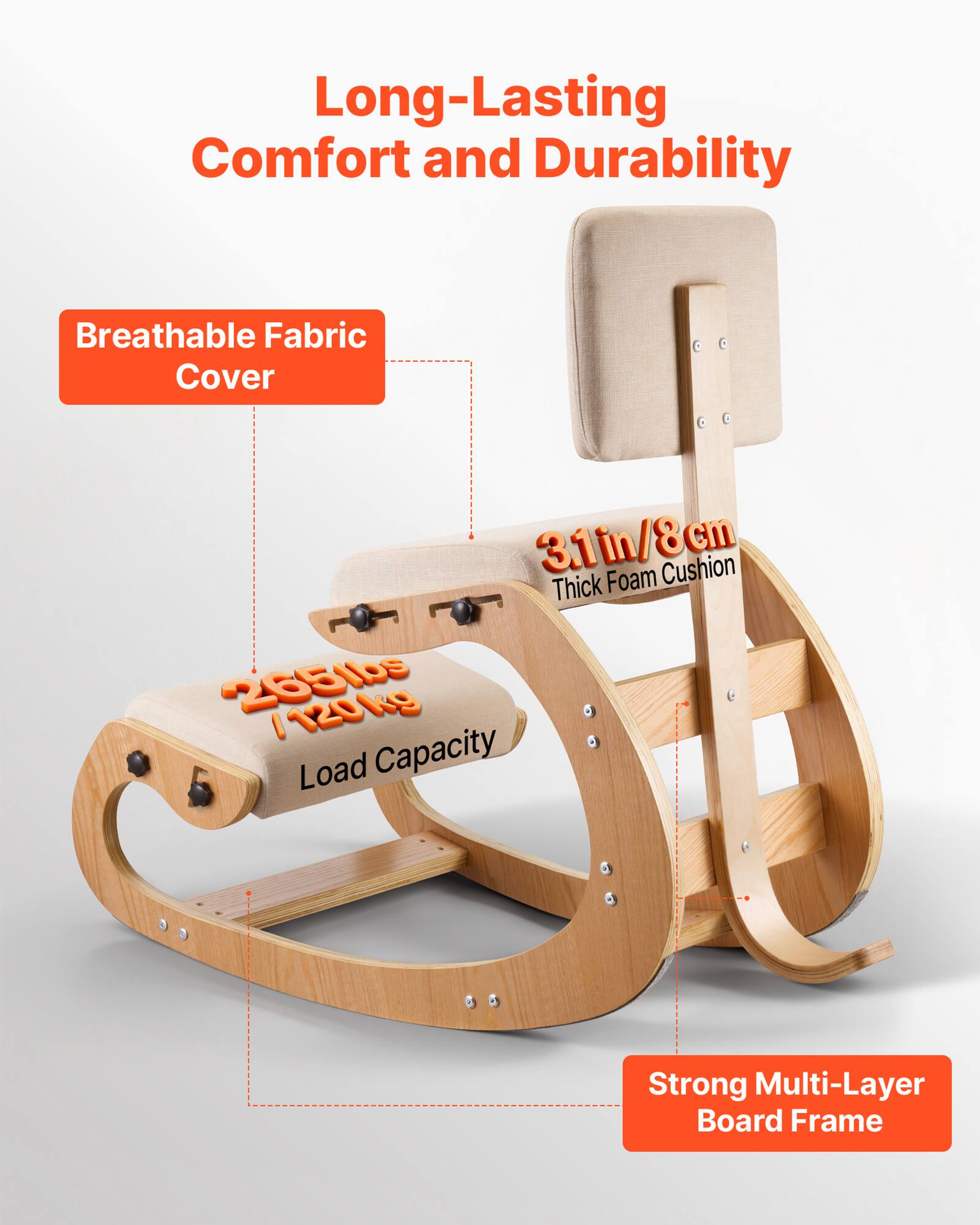 Long-Lasting Comfort and Durability  
Breathable Fabric Cover  
3.1in/8cm Thick Foam Cushion  
265.105 / 120kg Load Capacity  
Strong Multi-Layer Board Frame