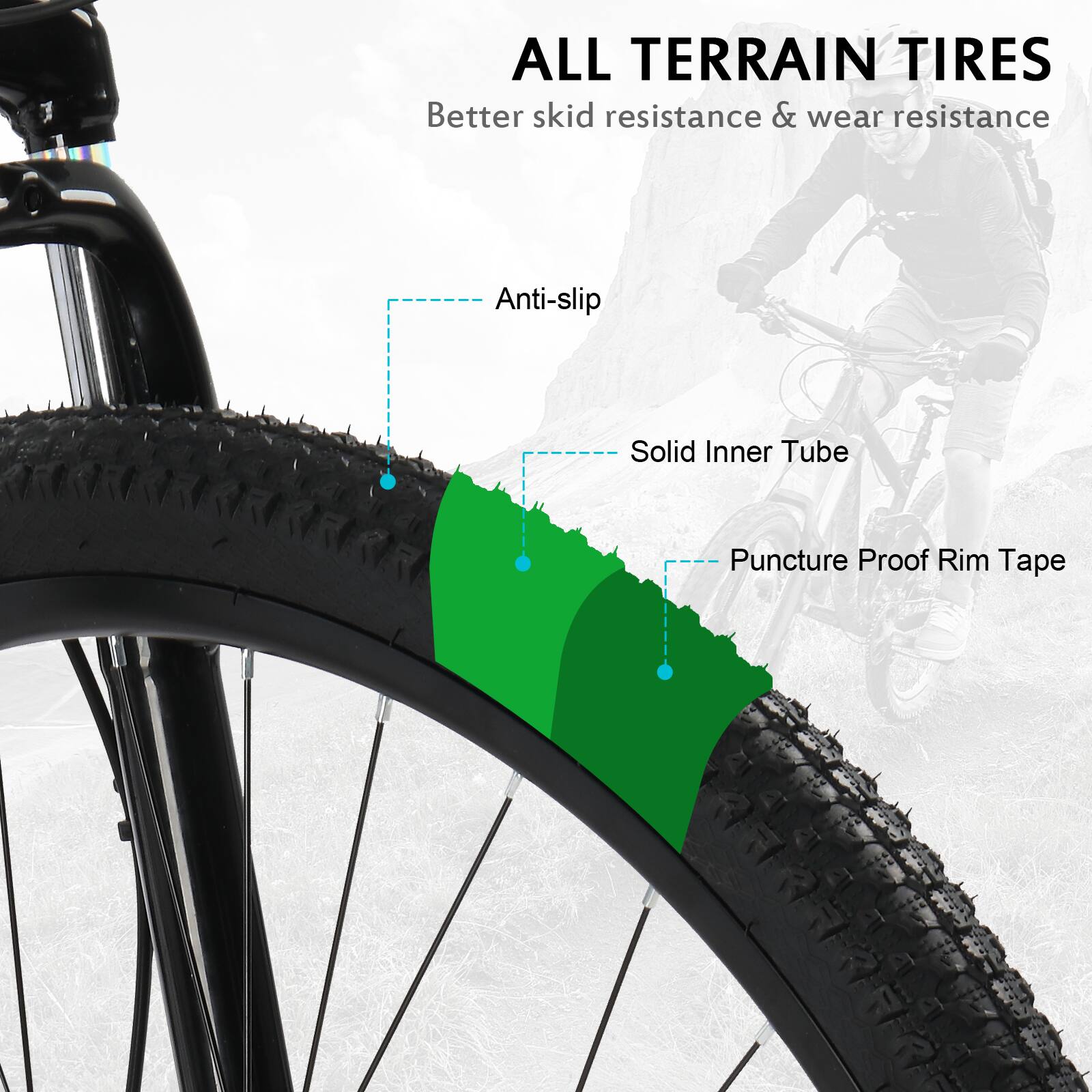 ALL TERRAIN TIRES  
Better skid resistance & wear resistance  

- Anti-slip  
- Solid Inner Tube  
- Puncture Proof Rim Tape