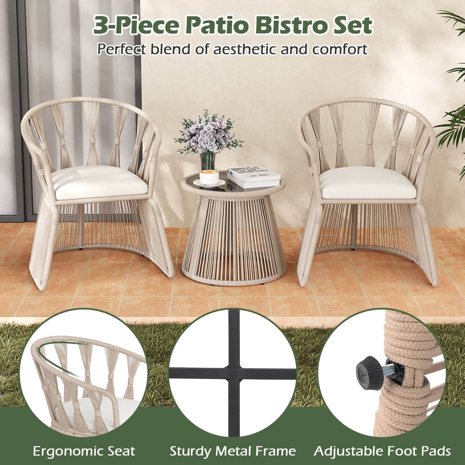 3-Piece Patio Bistro Set  
Perfect blend of aesthetic and comfort  

Ergonomic Seat  
Sturdy Metal Frame  
Adjustable Foot Pads