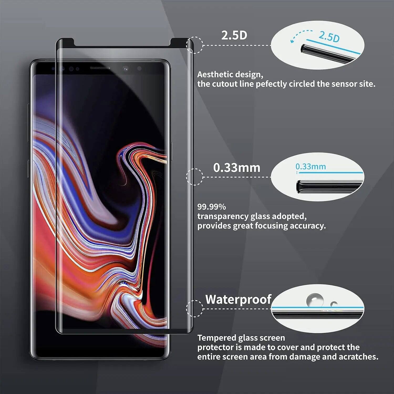 2.5D

Aesthetic design, the cutout line perfectly circled the sensor site.

0.33mm

99.99% transparency glass adopted, provides great focusing accuracy.

Waterproof

Tempered glass screen protector is made to cover and protect the entire screen area from damage and scratches.