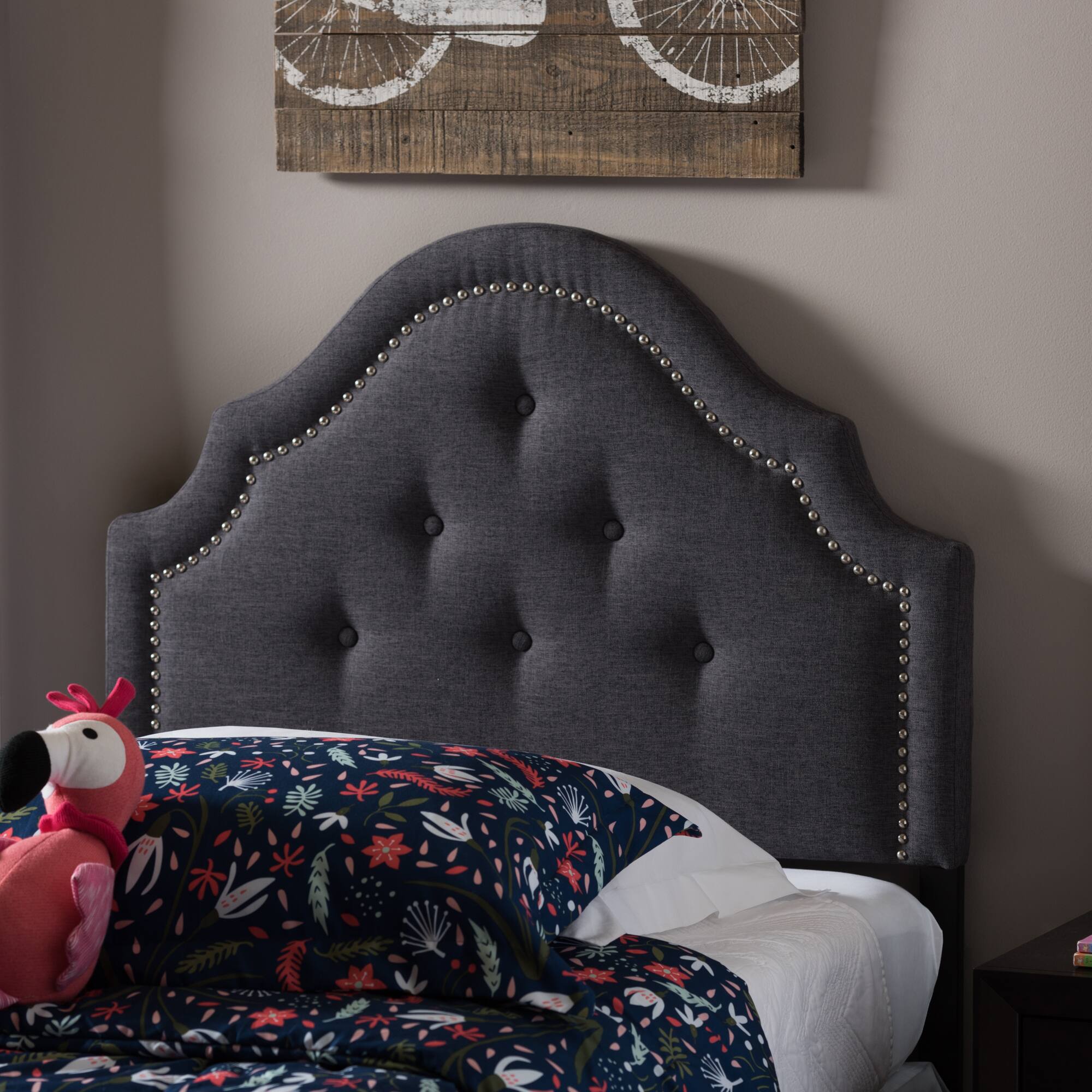 Back. Baxton Studio - Cora Modern and Contemporary Fabric Upholstered Twin Size Headboard - Dark Grey.