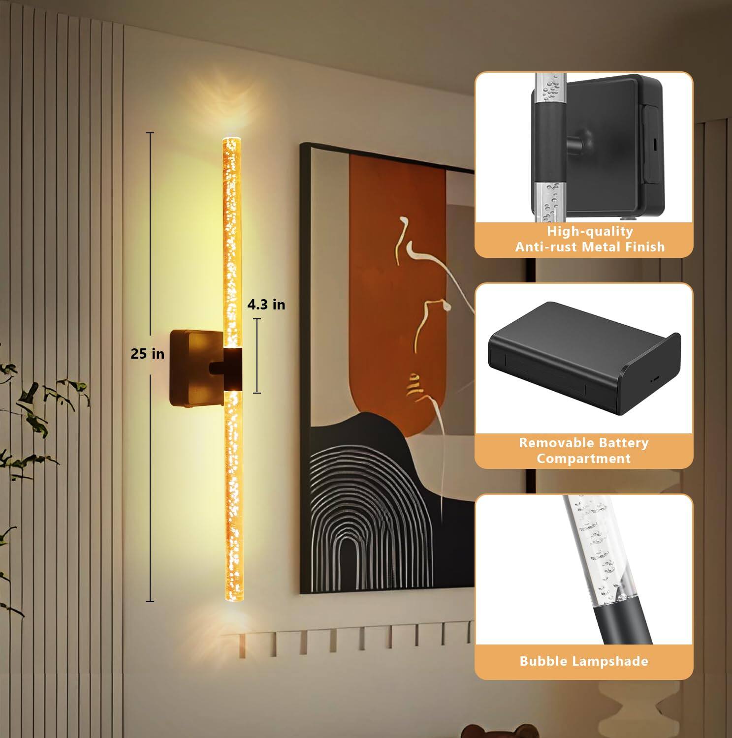 High-quality Anti-rust Metal Finish  
25 in x 4.3 in  
Removable Battery Compartment  
Bubble Lampshade