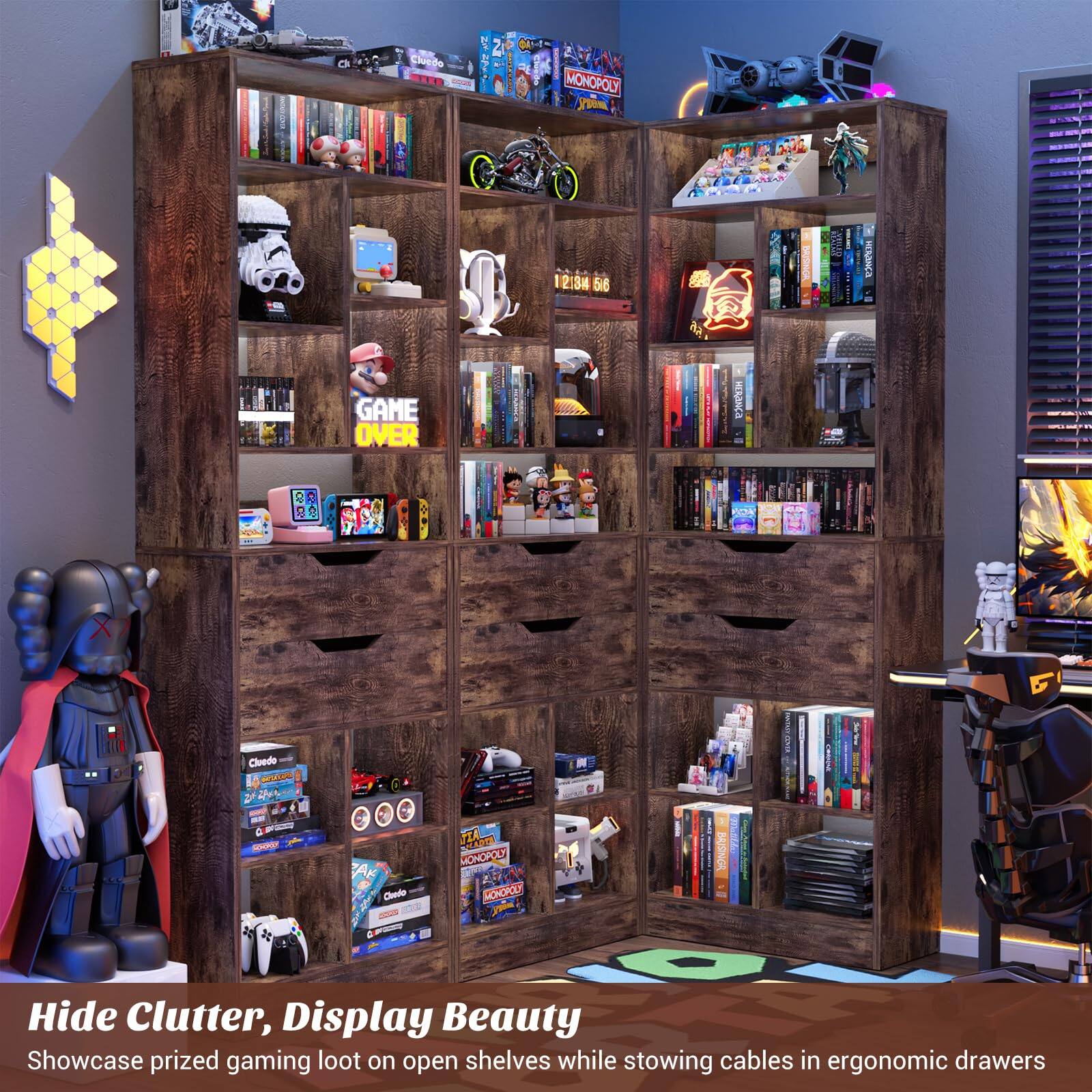 Hide Clutter, Display Beauty  
Showcase prized gaming loot on open shelves while stowing cables in ergonomic drawers