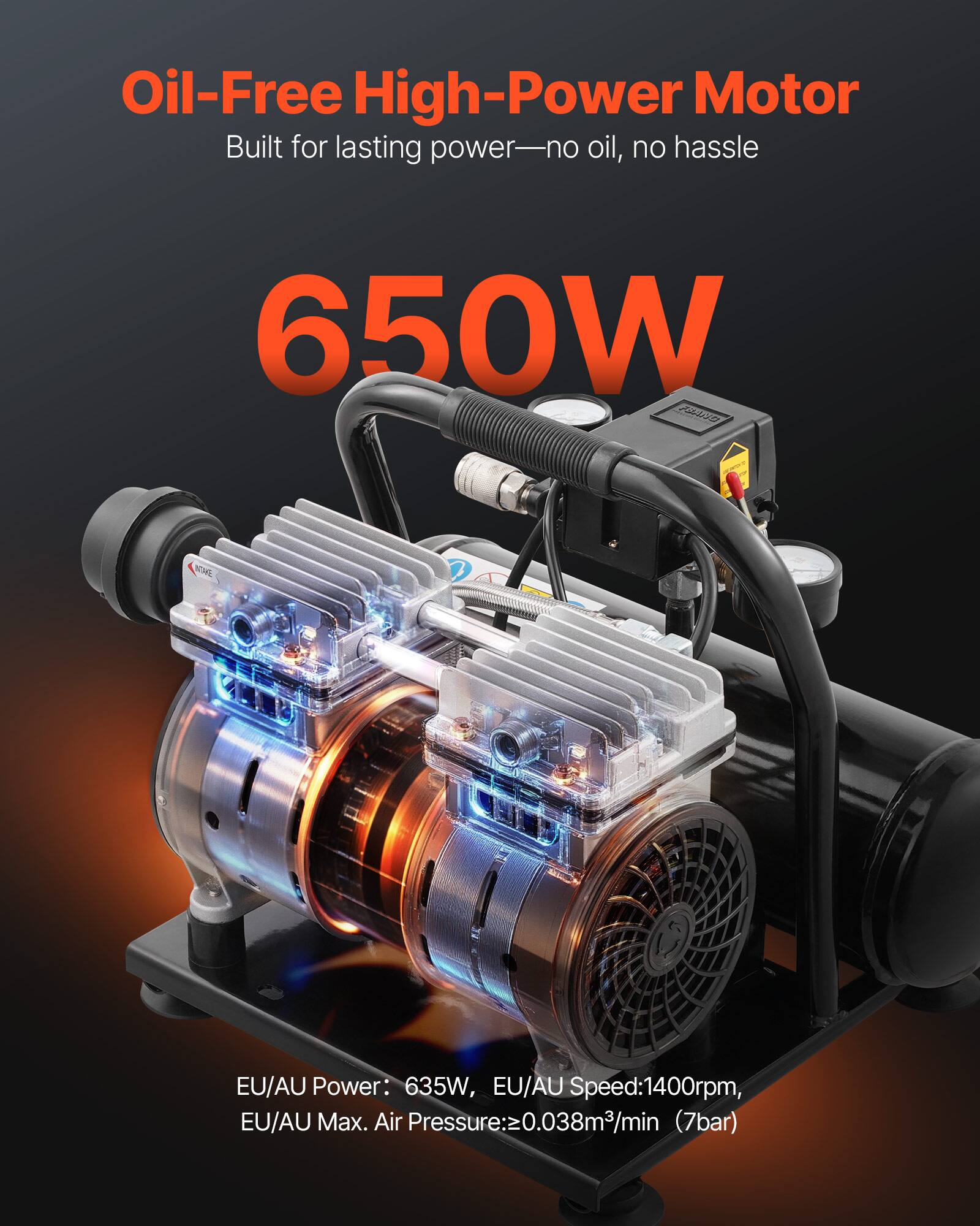 Oil-Free High-Power Motor  
Built for lasting power—no oil, no hassle  

650W  

EU/AU Power: 635W, EU/AU Speed: 1400rpm, EU/AU Max. Air Pressure: 0.038m³/min (7bar)