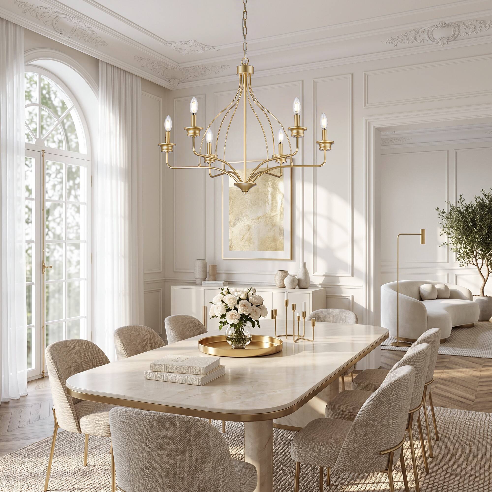 Left. Parrot Uncle - 31.5 Inch Modern 6 Light LED Adjustable Chandelier Ceiling Light for Dining Room and Living Room - Gold.