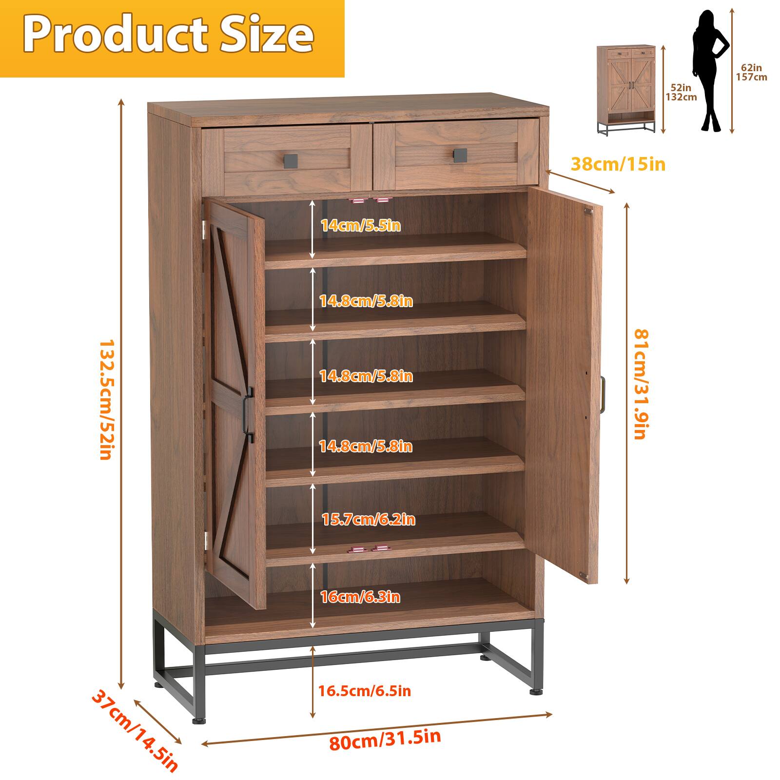 Product Size

- 132cm
- 62in
- 157cm
- 38cm/15in
- 14cm/5.5in
- 132.5cm/52in
- 14.8cm/5.8in
- 14.8cm/5.8in
- 14.8cm/5.8in
- 15.7cm/6.2in
- 81cm/31.9in
- 16cm/6.3in
- 37cm/14.5in
- 4.5in
- 16.5cm/6.5in
- 80cm/31.5in
