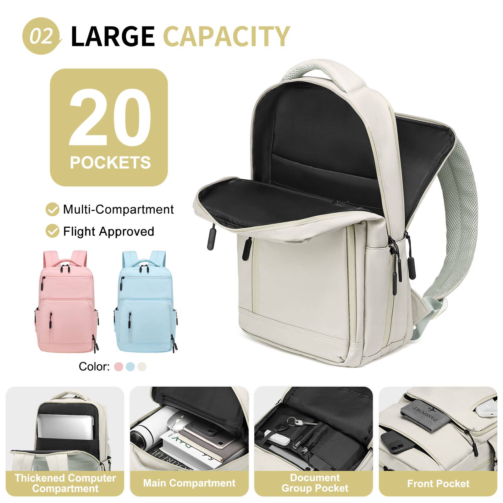 02 LARGE CAPACITY

20 POCKETS

- Multi-Compartment
- Flight Approved

Color: 4as

Thickened Computer Compartment
Main Compartment
Document Group Pocket
Front Pocket