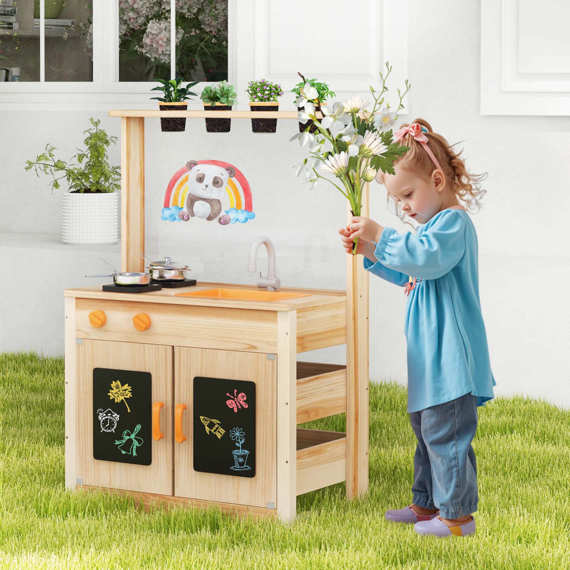 Alt View 1. Costway - Costway Mud Kitchen for Kids with Planting Pots Stovetops Removable Sink Acrylic Panel - Natural.