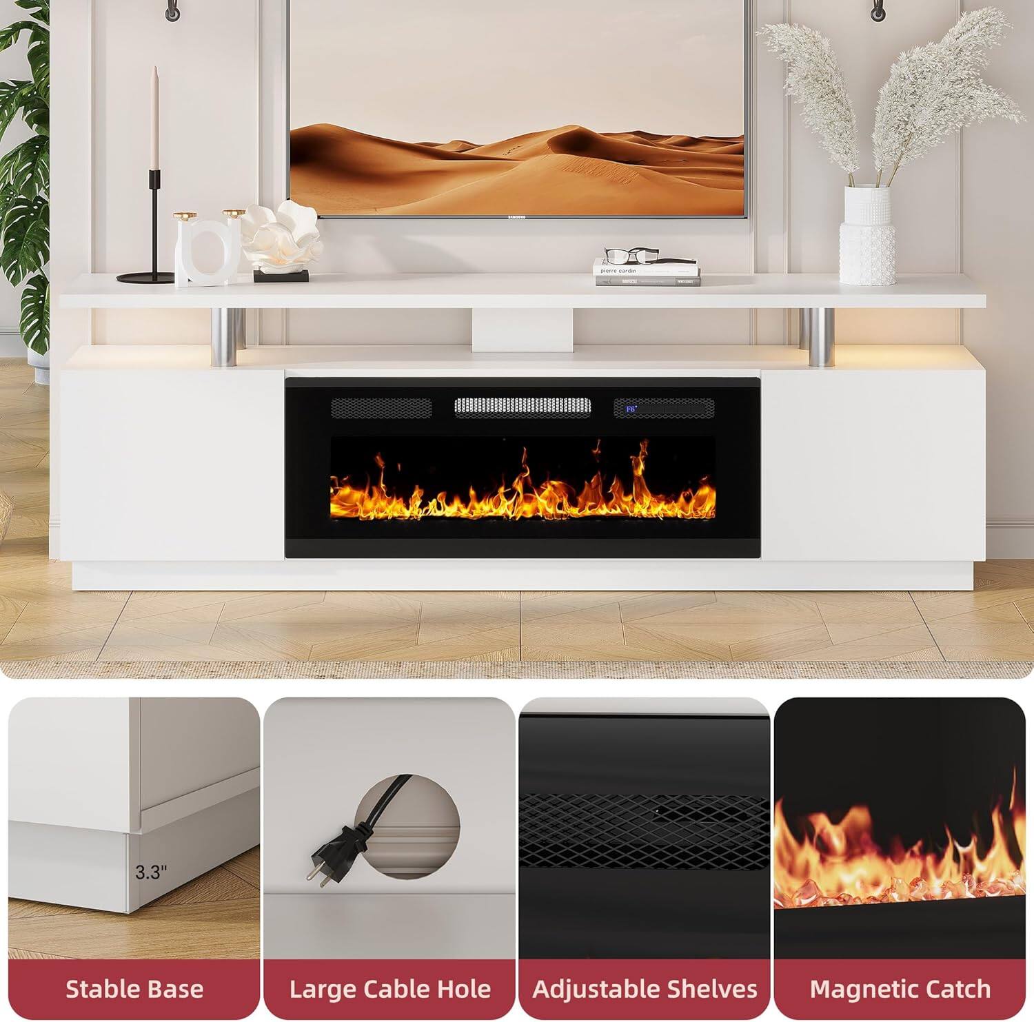 - Stable Base
- Large Cable Hole
- Adjustable Shelves
- Magnetic Catch