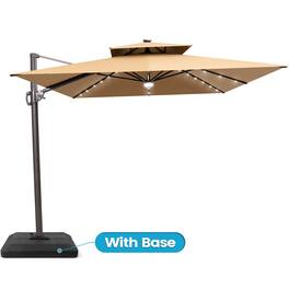 Crestlive Products - 9x11ft Aluminum Double Top Crank Cantilever Patio Umbrella with Lights with Base - Brown
