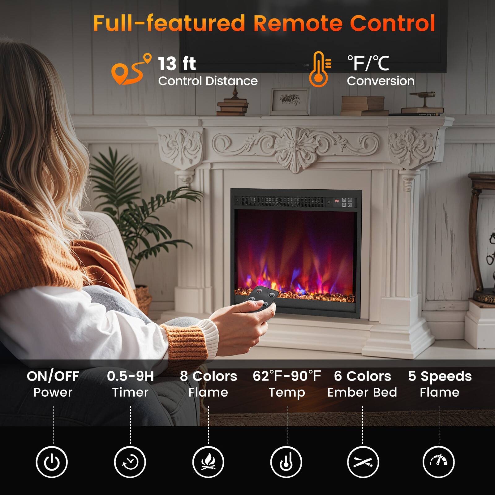 Full-featured Remote Control, 13 ft Control Distance, F/C Conversion, ON/OFF, 0.5-9H Timer, 8 Colors Flame, 62F-90F Temp, 6 Colors Ember Bed, 5 Speeds Flame