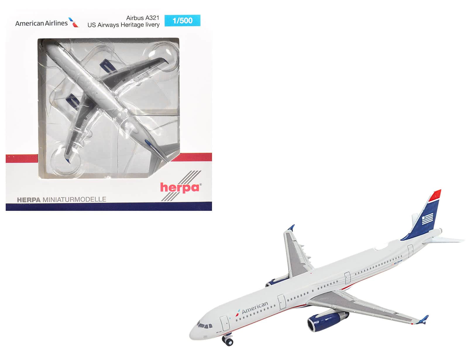 Airbus A321 Commercial Aircraft "American Airlines" (N578UW) Gray with Blue Tail 1/500 Diecast Model by Herpa - White, Grey With Blue