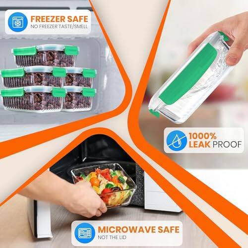 FREEZER SAFE  
NO FREEZER TASTE/SMELL  

1000% LEAK PROOF  

MICROWAVE SAFE  
NOT THE LID