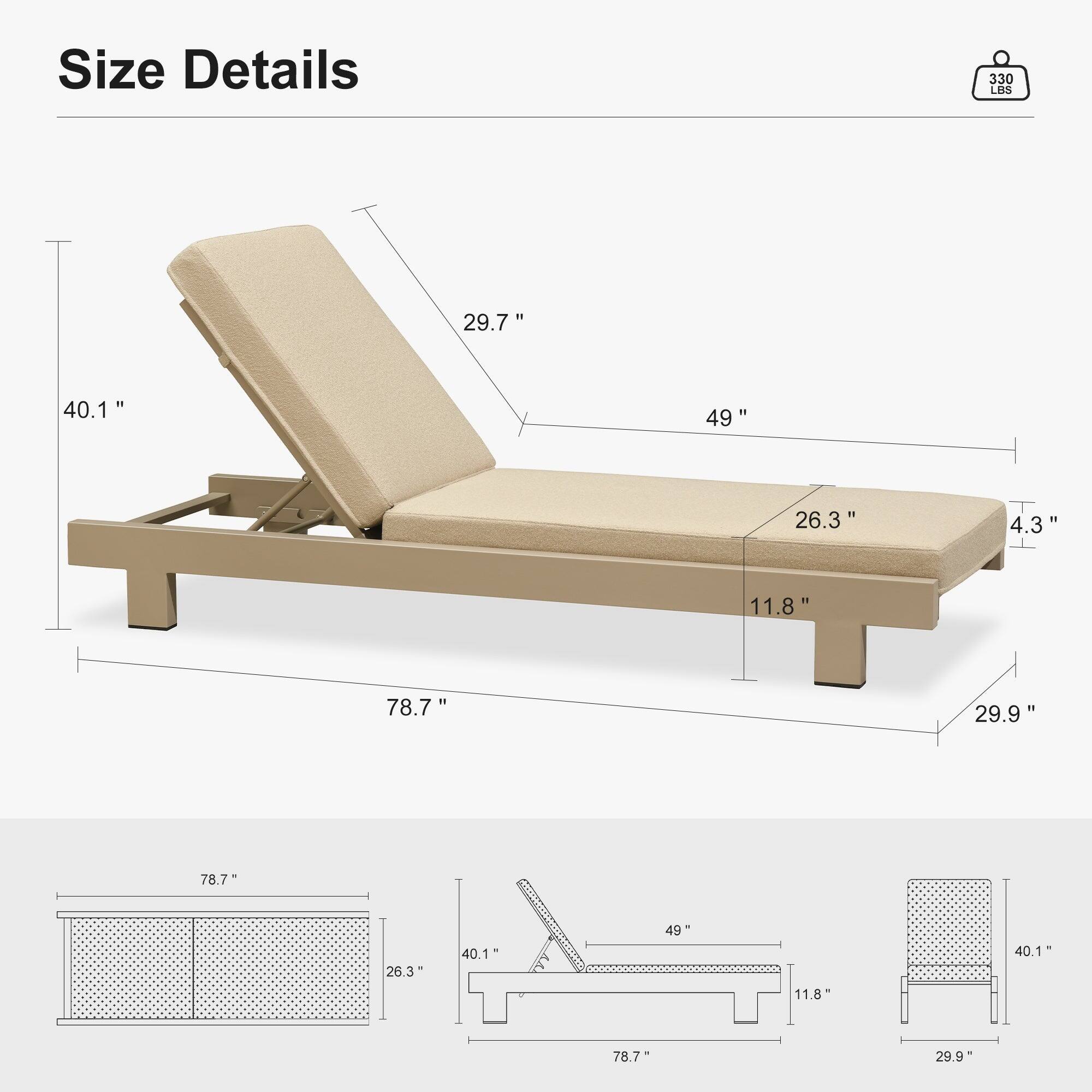 Size Details  
330 LBS  
29.7"  
40.1"  
49"  
26.3"  
4.3"  
11.8"  
78.7"  
29.9"  
78.7"  
26.3"  
40.1"  
49"  
11.8"  
40.1"  
78.7"  
29.9"