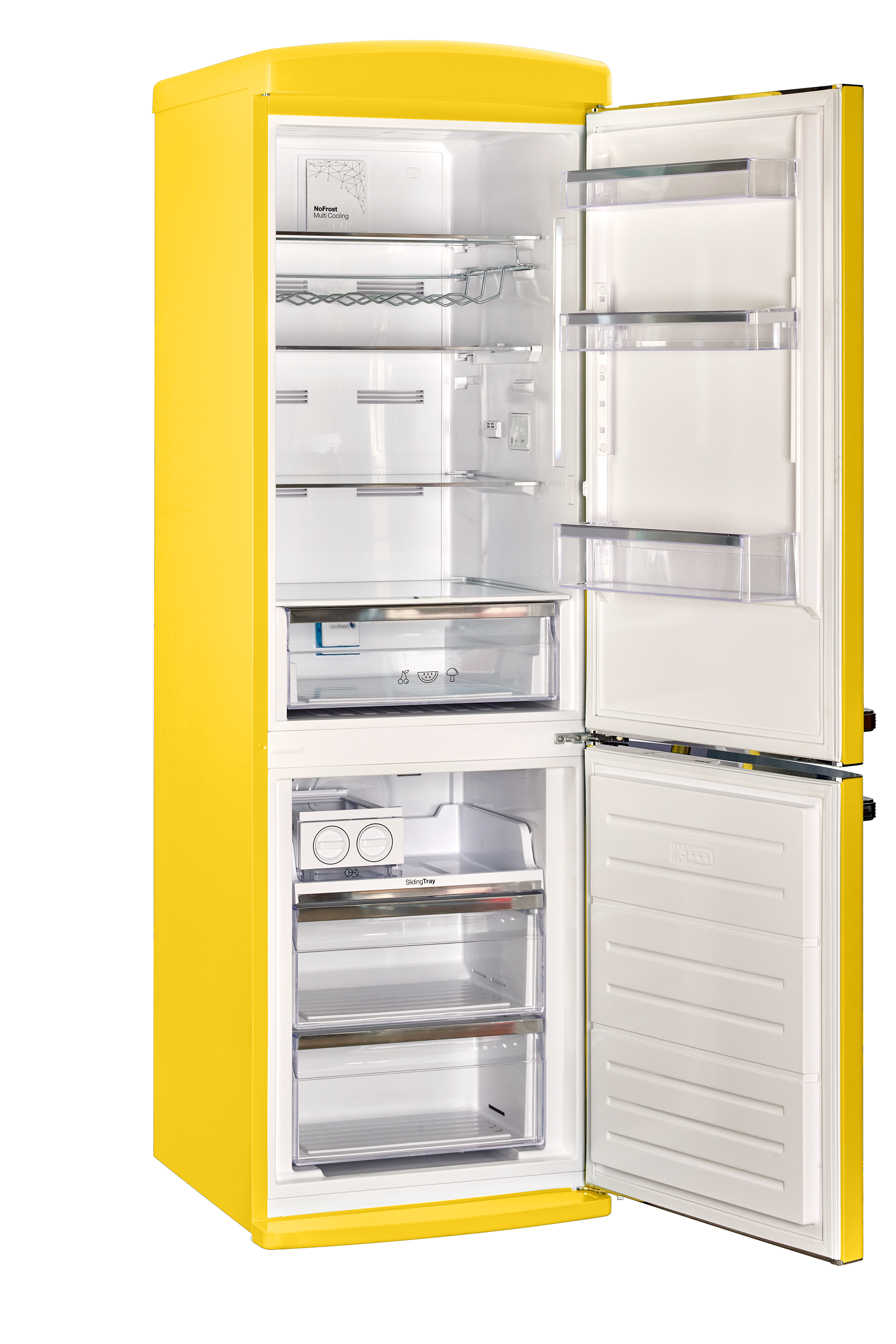 I'm sorry, but I cannot group or correct the text you provided as it does not seem to be related to the image of the yellow refrigerator. The image shows a refrigerator with its doors open, revealing a white interior. The refrigerator is yellow and white, and it has a freezer compartment.