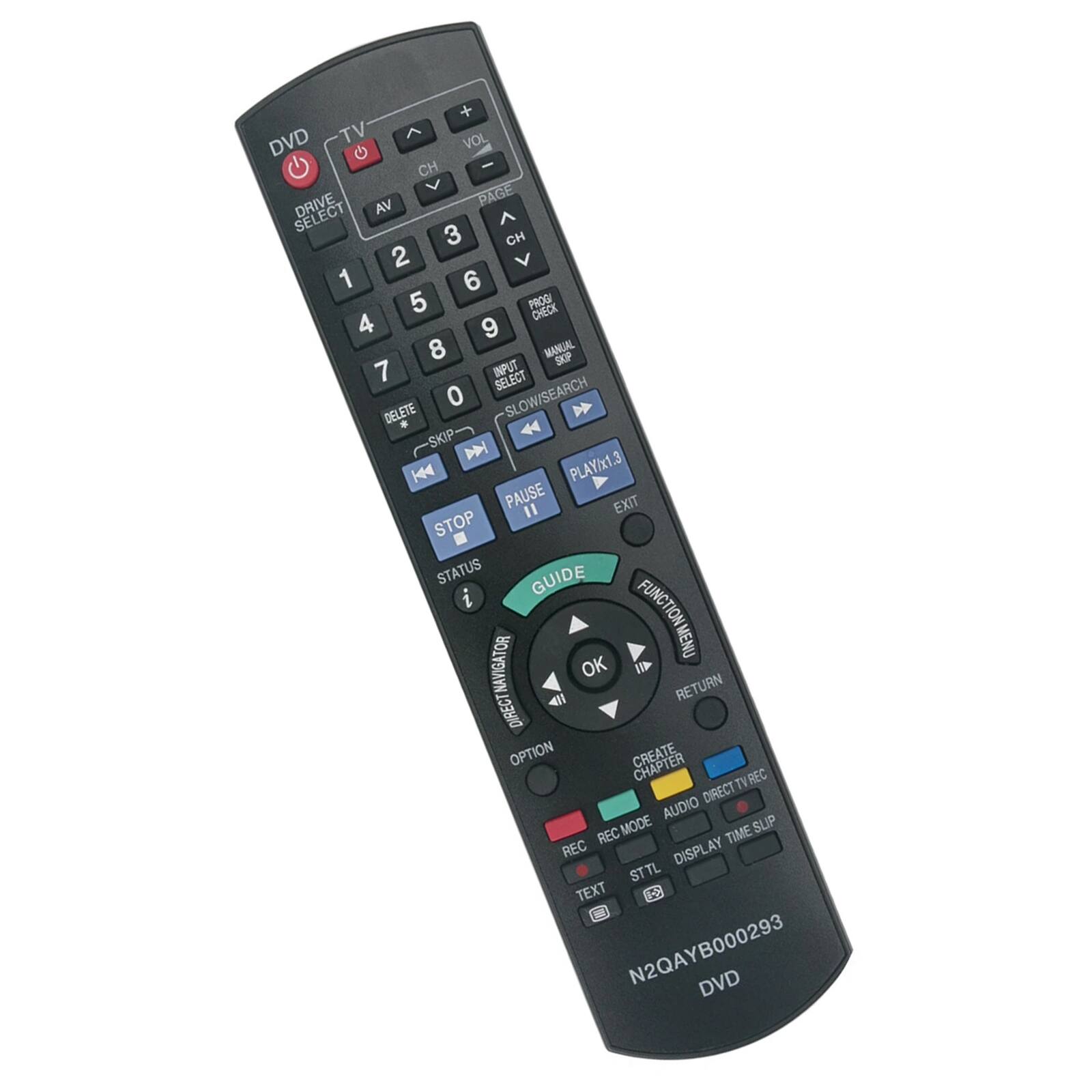 + TV > DVD VOL CH - VA PAGE SELECT ^ 3 CH 2 V 1 6 5 PROG CHECK 4 9 8 MANUAL SKP 7 INPUT SELECT 0 SLOW/SEARCH DELETE SKIP DN K PLAY/x1.3 PAUSE EXIT 1 STOP STATUS GUIDE i FUNCTION MENU NAVIGATOR OK RETURN DIRECT OPTION CREATE CHAPTER TV TVREC DIRECT AUDIO MODE SLIP REC TIME REC DISPLAY STTL TEXT B N2QAYB000293 DVD