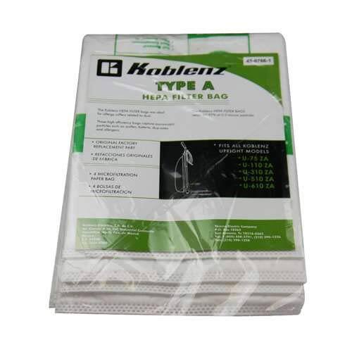 Koblenz TYPE A HEPA FILTER BAG

ORIGINAL FACIOE REPLACEMENT BABT REFACCIONES ORIGINALES D FBRICA a MICRO ILTRATION PAPER BAO BOLSAS DE CROFILTRACION FITS ALL KOBENZ UPFIGHT MODELS U.75 IA U-110 ZA -310 ZA U-510 ZA U-610 ZA