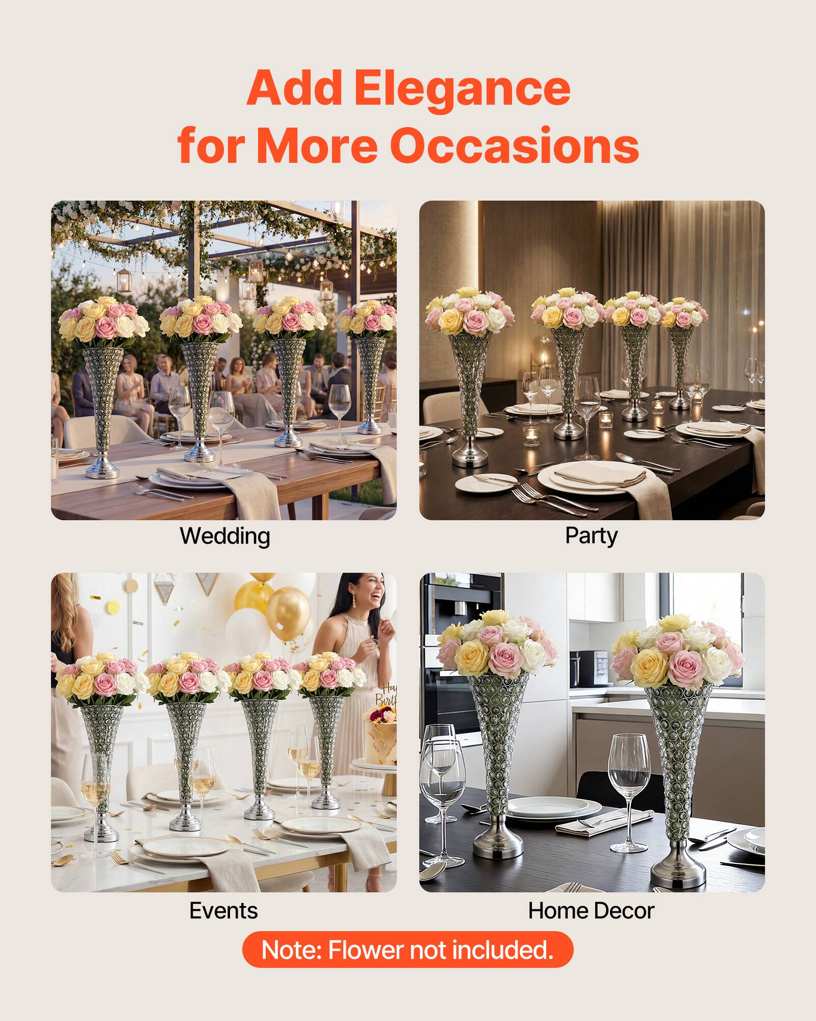 Add Elegance for More Occasions

- Wedding
- Party
- Events
- Home Decor

Note: Flower not included.