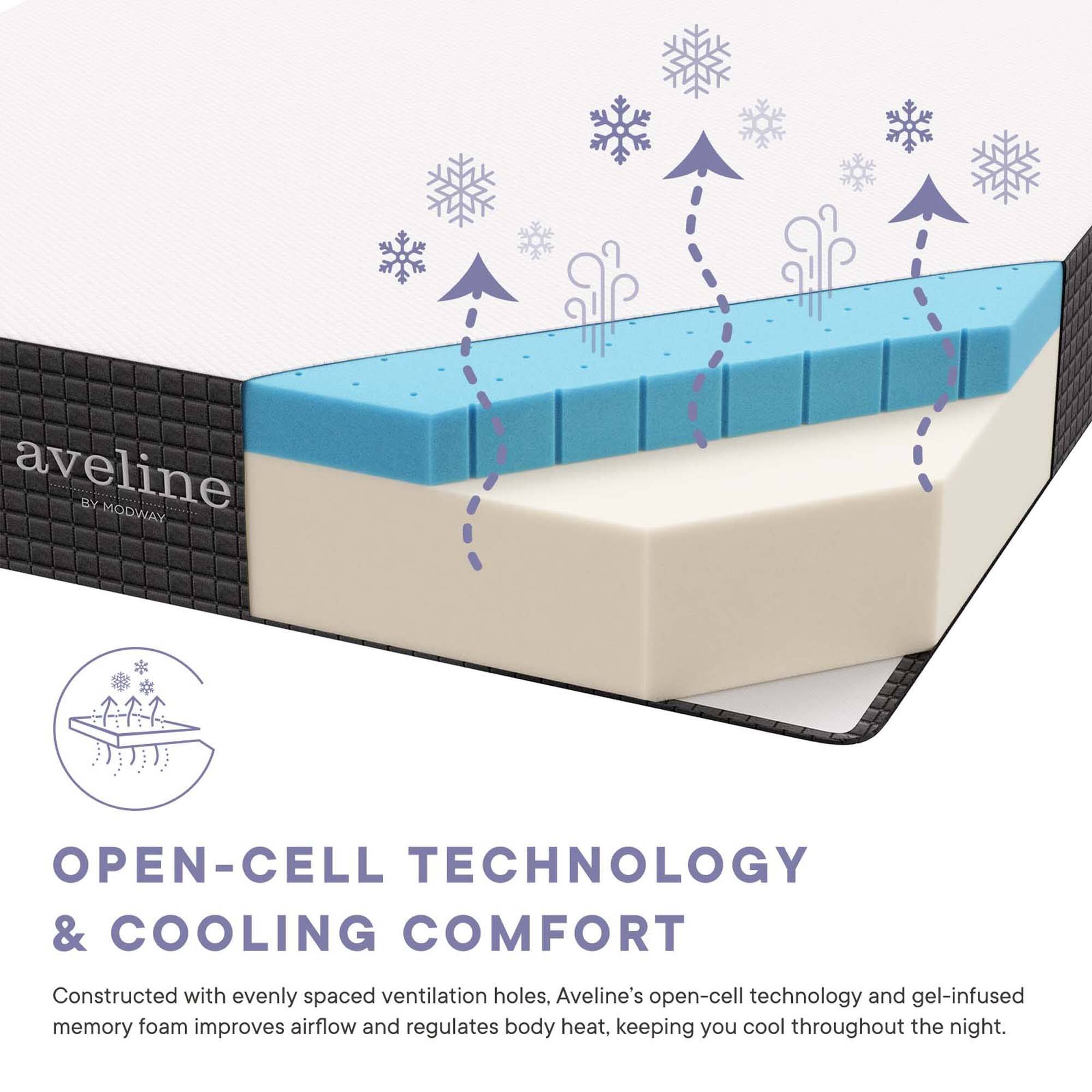 Aveline by Modway

OPEN-CELL TECHNOLOGY & COOLING COMFORT

Constructed with evenly spaced ventilation holes, Aveline's open-cell technology and gel-infused memory foam improves airflow and regulates body heat, keeping you cool throughout the night.