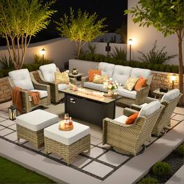 Ovios - 10 PCS Patio Furniture Set, High Back Sofa with Swivel Chair, Coffee Table & 54" Fire Pit Table - Gray