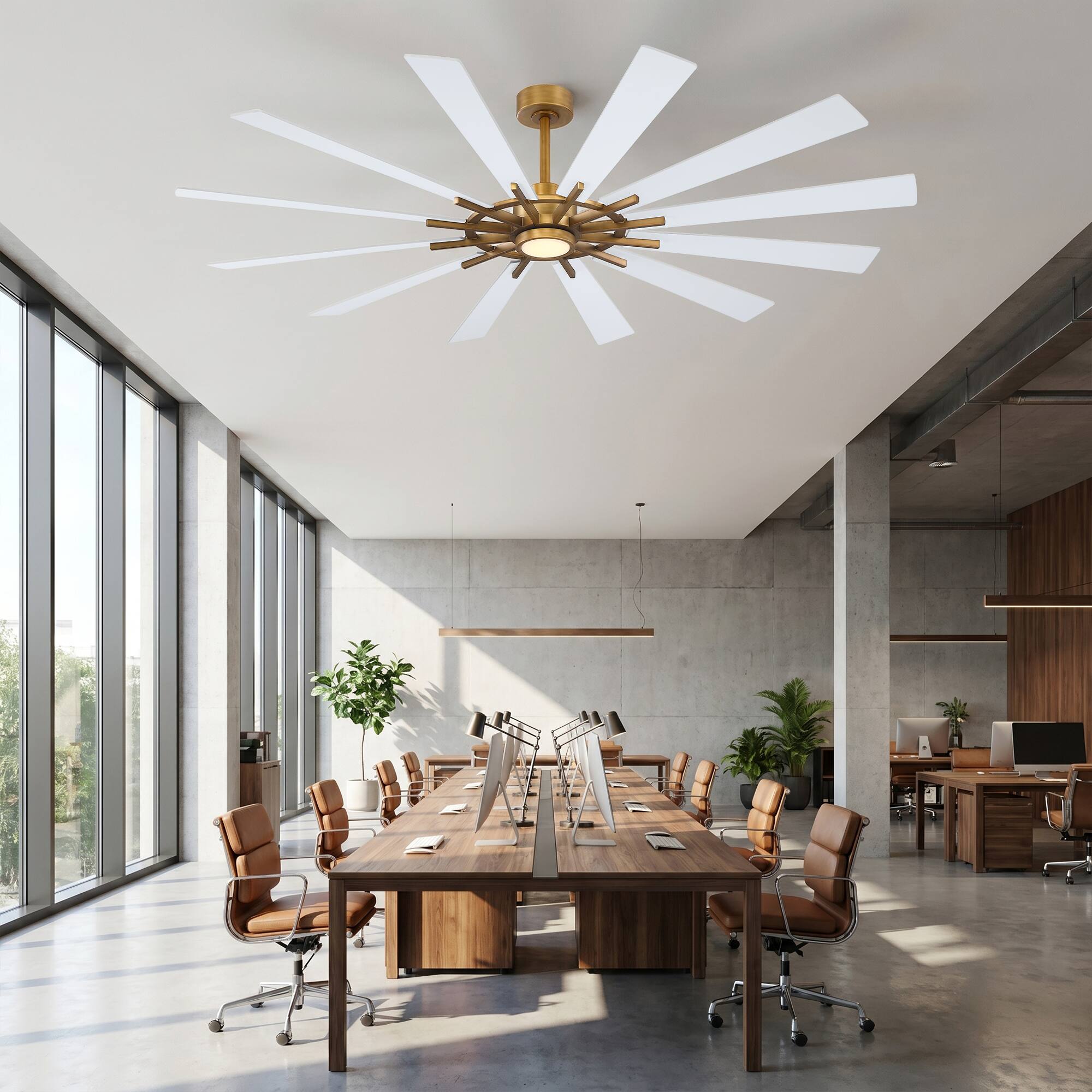 Back. Parrot Uncle - 72" Large Farmhouse Reversible Windmill Ceiling Fan, 12-Blade with Dimmable LED and 6-Speed Remote - Gold.